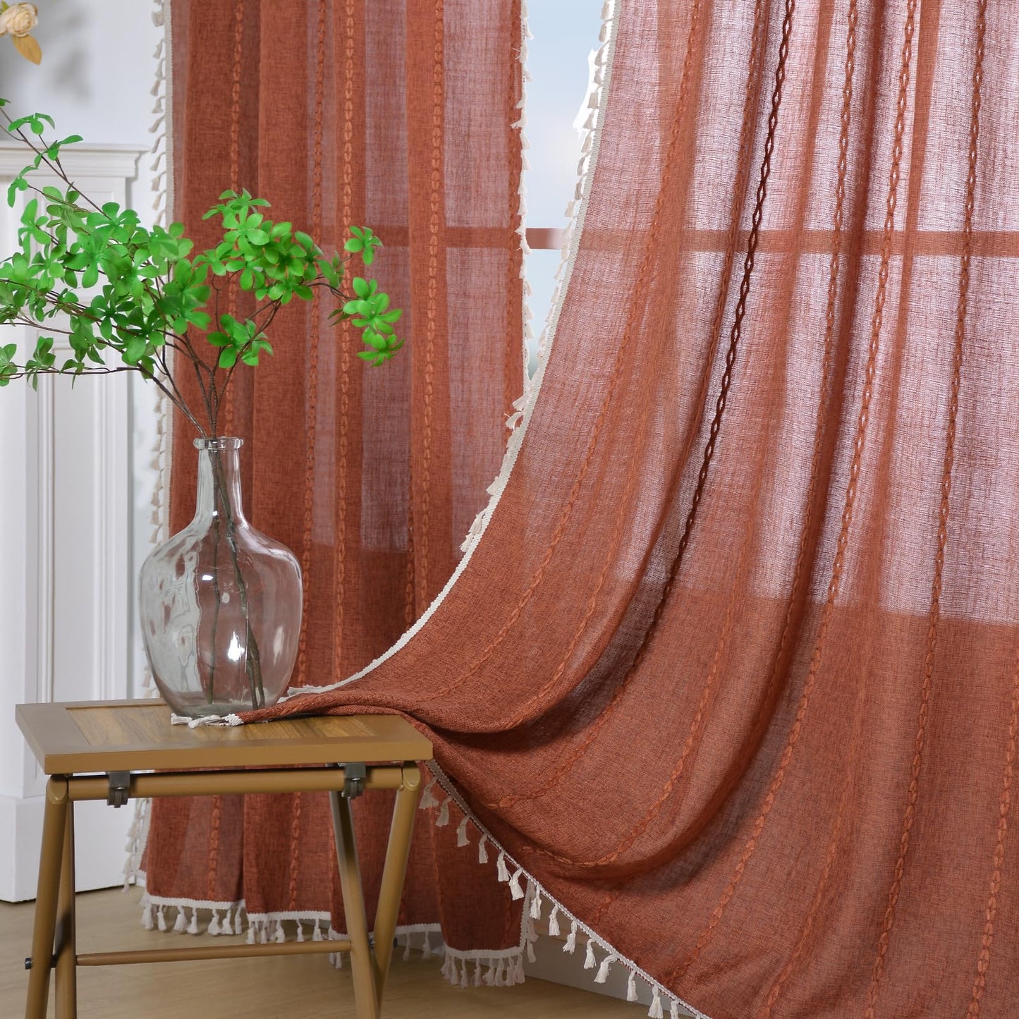 Schweek Terracotta Boho Curtains 84 Inch Length Burnt Orange Farmhouse Curtains for Living Room 2 Panels, Linen Bohemian Tassel Rust Rustic Curtain Drapes