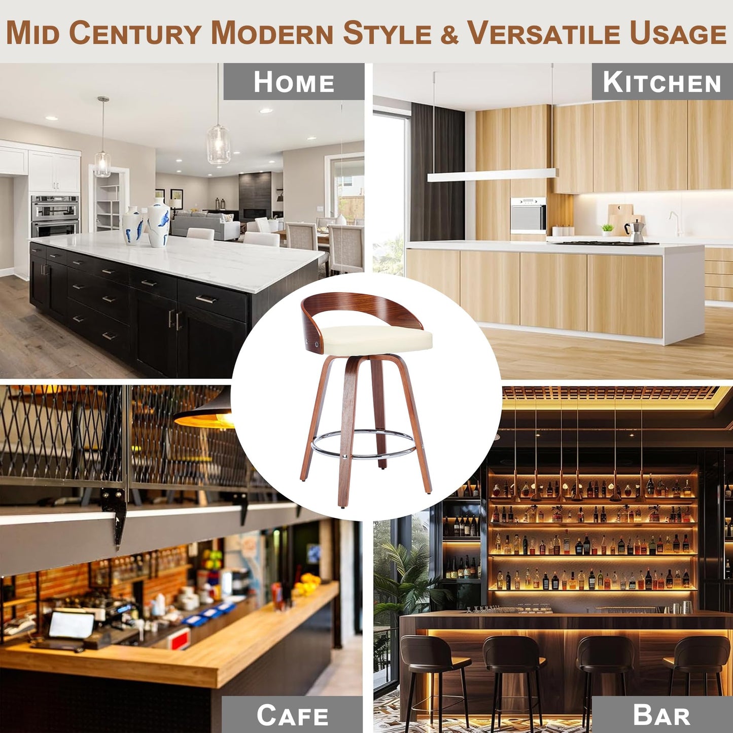 Swivel Bar Stools Set of 2, 24.6" Counter Height Bar Stools, Mid-Century Modern Design, Upholstered Walnut Barstools with Bentwood Curved Back and Legs, Suitable for Kitchen Island, Counter