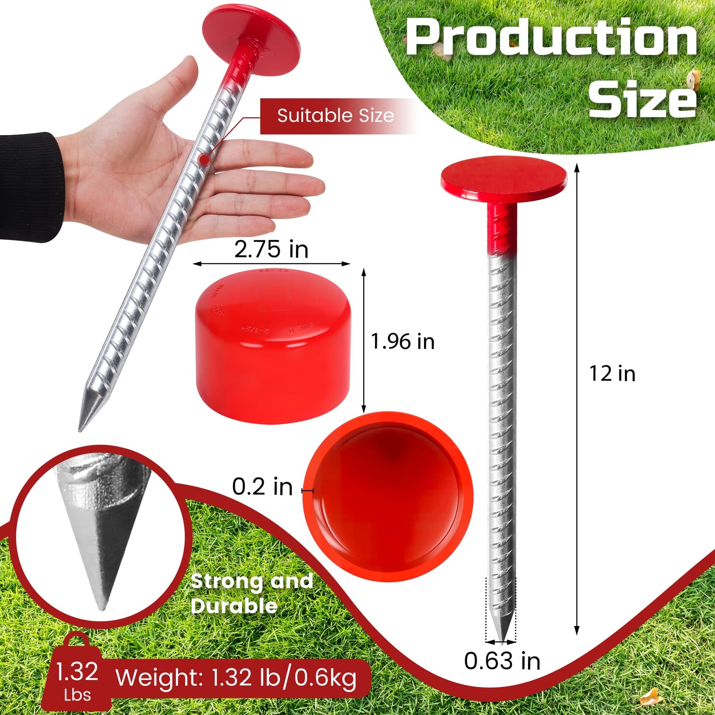 2 Pack Rebar Property Line Markers, 12 Inch Heavy Duty Galvanized Steel Survey Markers Stakes Hi-Vis Red Property Land Boundary Markers for Paving Gardens Lawn Edges Landscaping Edging Weed Barriers