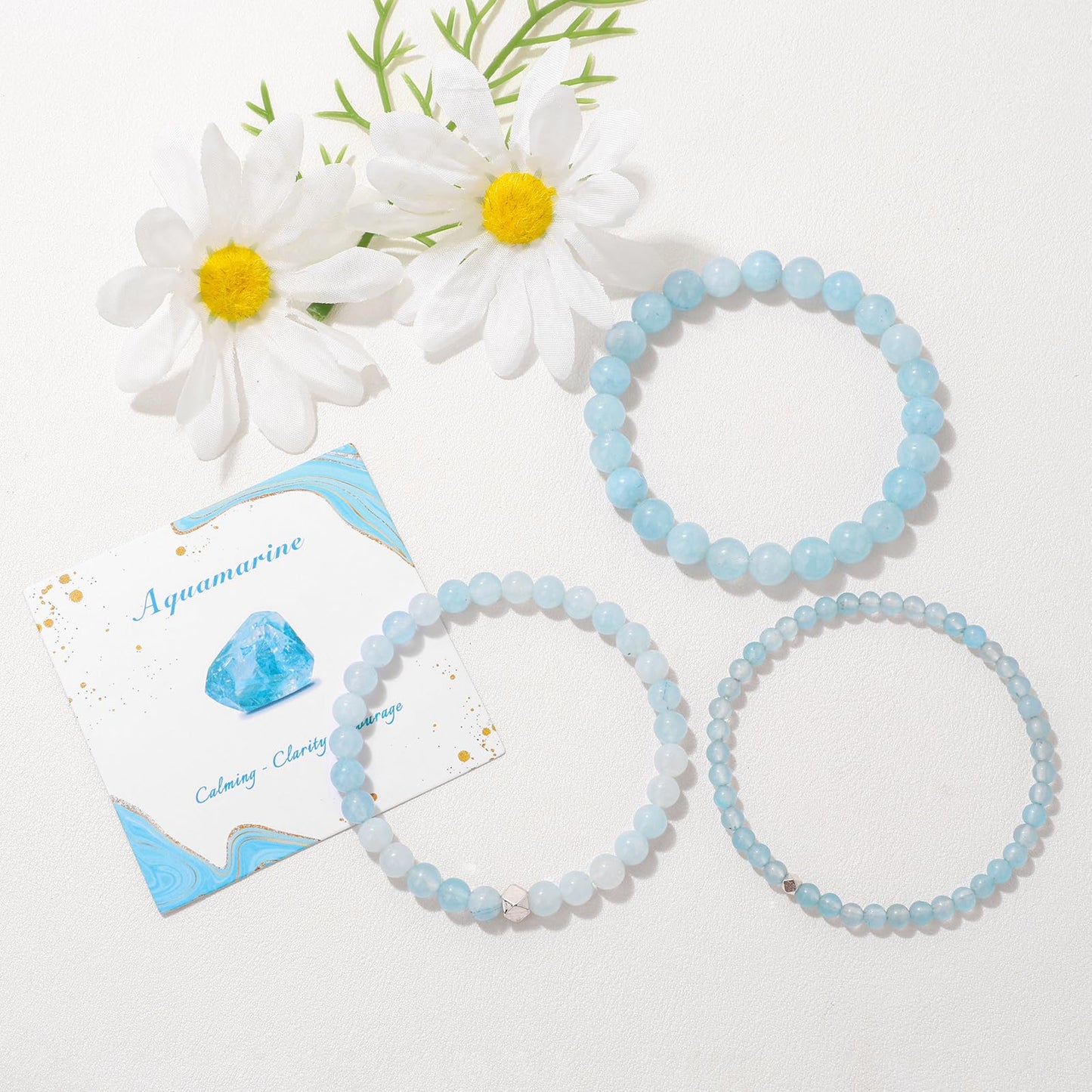 Raicegs 4MM Aquamarine Beaded Bracelets Healing Crystal Bracelet for Women Men Natural Stone Handmade Stretch Bracelet Reiki Spiritual Jewelry