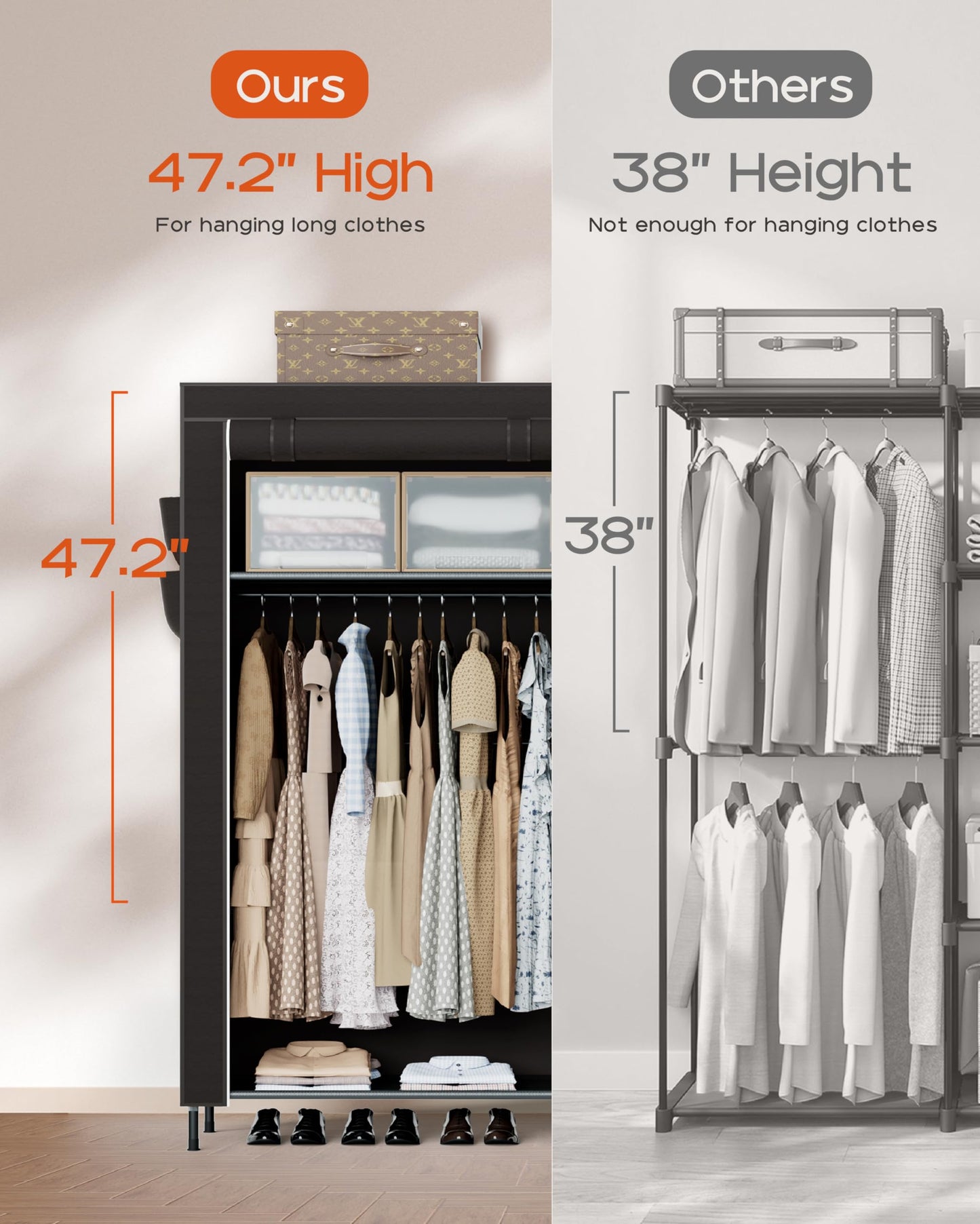 CASAMAYA Portable Closet, 61.8 Inch Large Capacity Wardrobe Closet with Cover, Clothes Storage Organizer with Shelves and 2 Hanging Rods, Easy to Assembly, Black PCT222B01