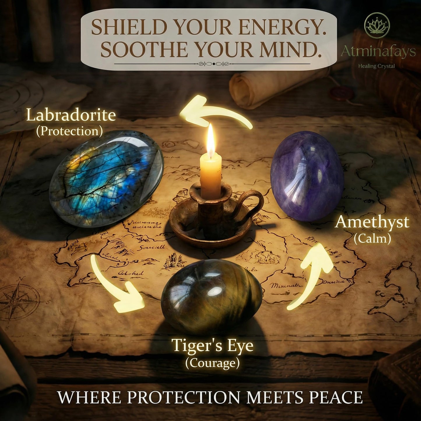 Protection & Anxiety Relief Crystal Set - Polished Palm Stones Labradorite, Tiger Eye & Amethyst, Worry Stones Trio for Meditation, Yoga, Travel Protection, Aura Cleansing & Chakra Balance