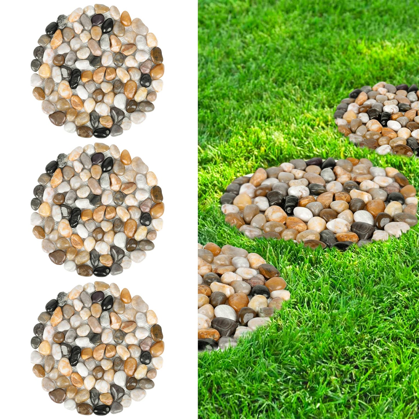 River Rock Stepping Stones Outdoor for Garden Walkway, 10 inch Diameter 3 Pcs Round Shape Paver Step Stones Polished Pebble River Stone Mat for Yard Lawn Patio Pathway Walk Way - Multi-Color
