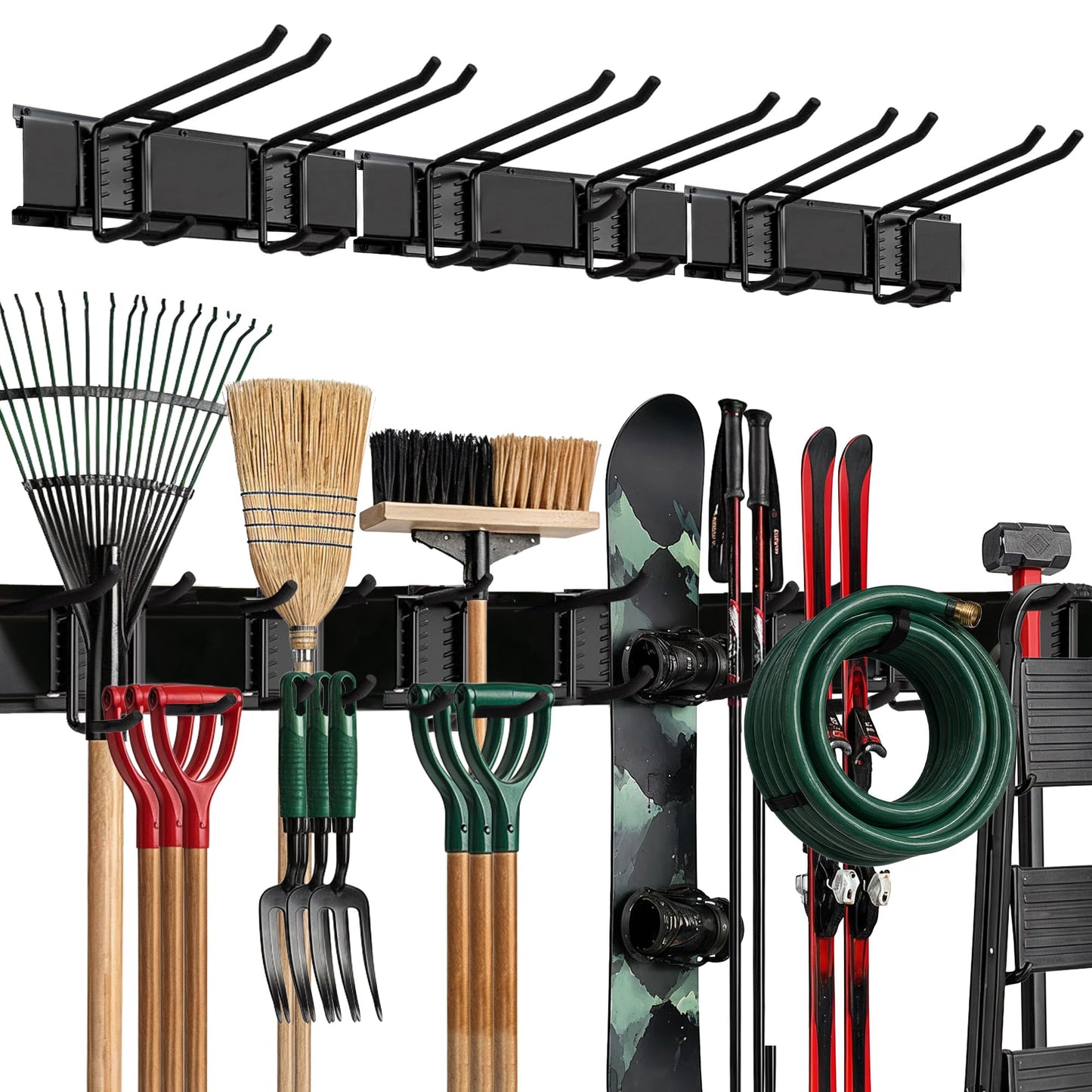 TIDYME Garage Wall Organizer | 48" Heavy-Duty Tool Storage Rack | Adjustable Double-Layer Hooks | 300 lbs Capacity | Carbon Steel Wall Mount Holder for Shovels, Rakes, Ladders & Power Tools