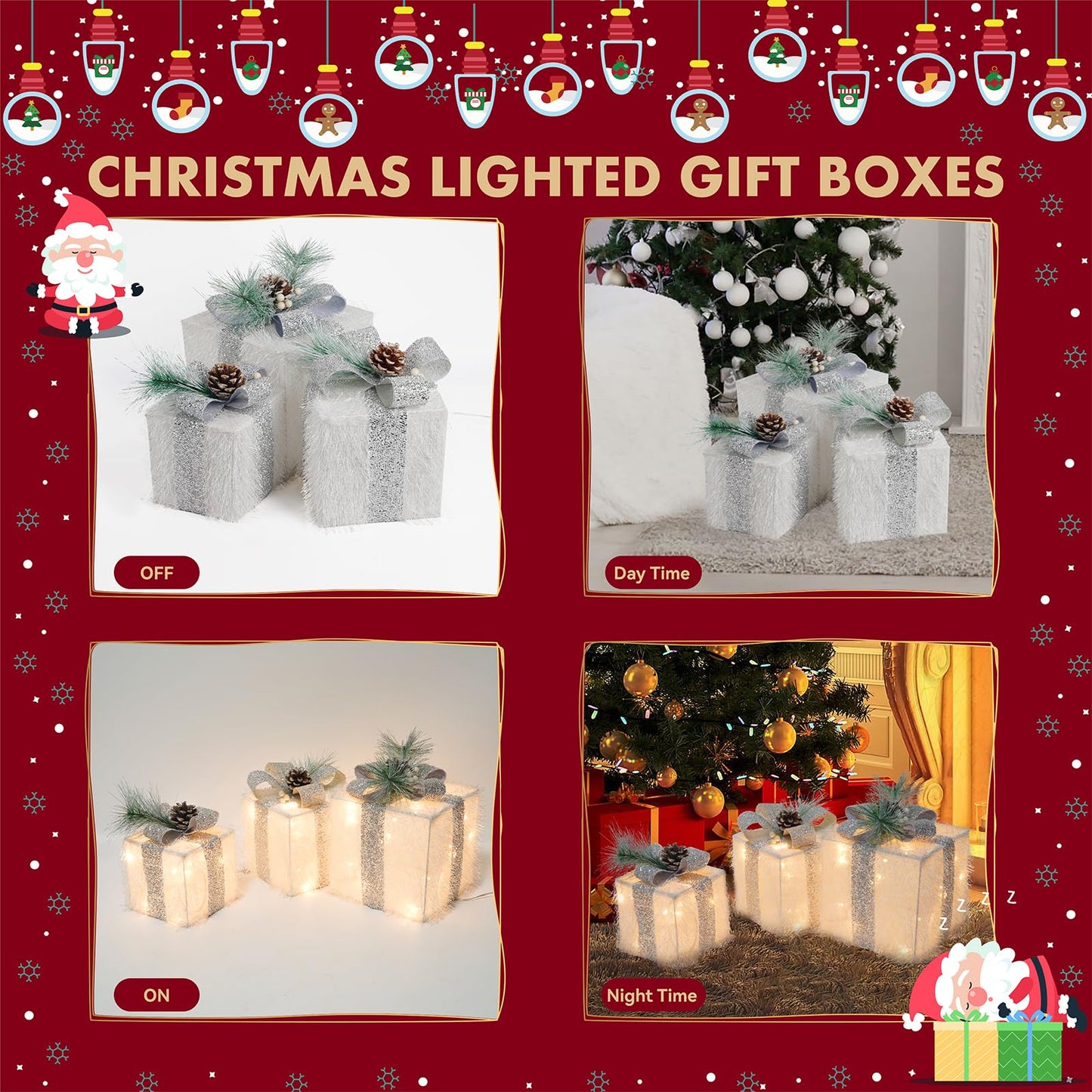 Set of 3 Christmas Lighted Gift Boxes with 60 LED Lights, Plug-in Holiday Decorations for Xmas Tree, Home, Indoor Outdoor Décor(Silver)