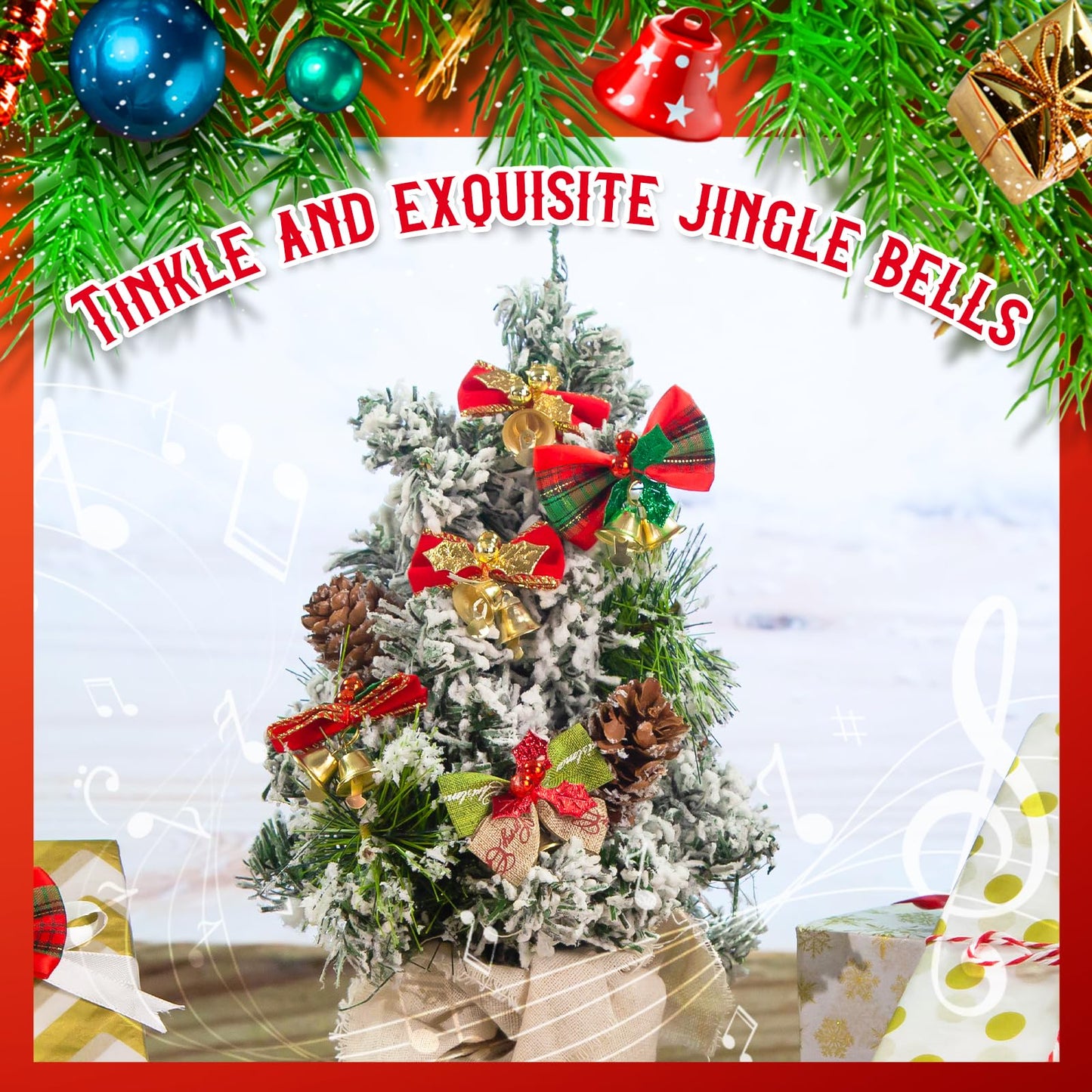 MCPINKY 40PCS Christmas Tree Bows with Bells, Xmas Garland Wreath Bows Ornaments Mini Small Linen Bowknot for Christmas Tree Decor Gift Packaging Decorations