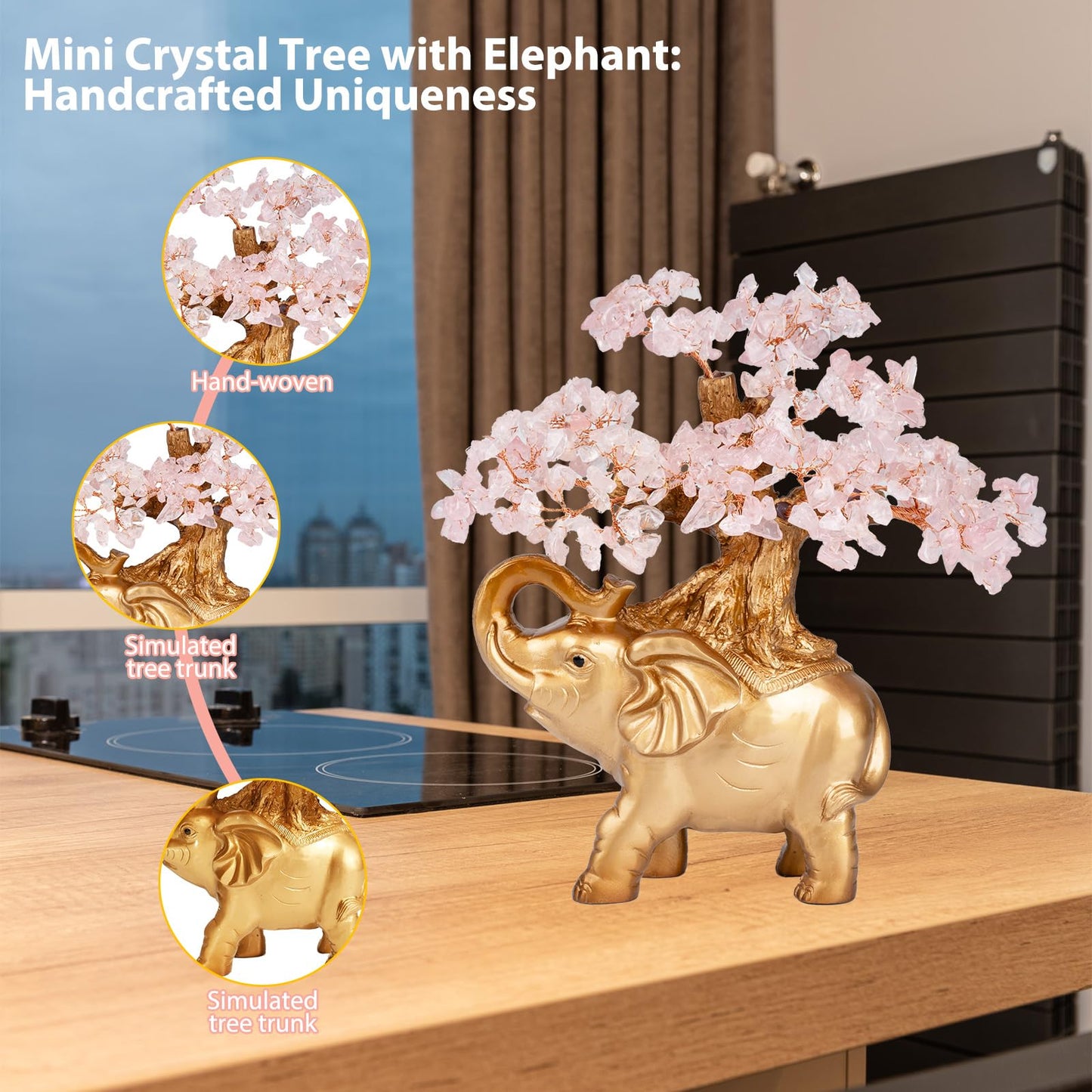 GEMBOURY Rose Quartz Crystal Money Tree on Gold Mini Elephant Statue, 10”Gemstone Bonsai Tree of Life Home Décor Gifts for Wealth Positive Energy, Feng Shui Décor