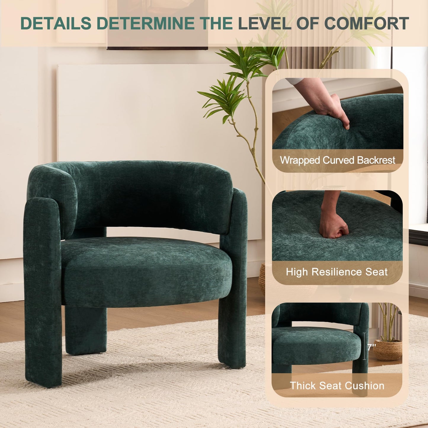 ENYLAY Modern Accent Barrel Chair,Mid Century Single Armchair with Curved Backrest Upholstered Side Reading Chair with 3 Legs Comfy Sherpa Chair for Bedroom Home Office Living Room (Green, Set of 1)