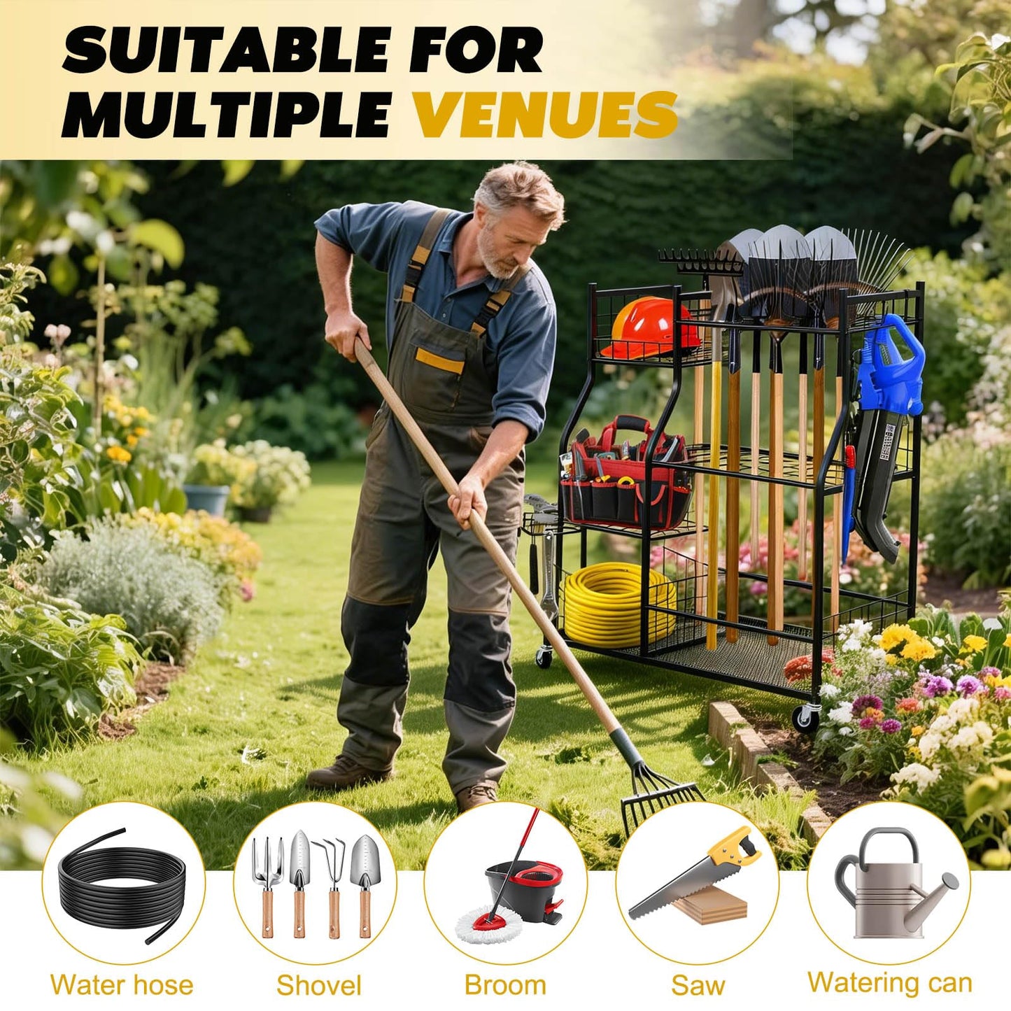 Garden Tool Organizer Rolling Cart Large Capacity Rust-Resistant Metal Tool Cart with Wheels Hooks Garage Shed Yard Outdoor Storage Rack Suitable for Long-Handled Tools/Rakes/Shovels