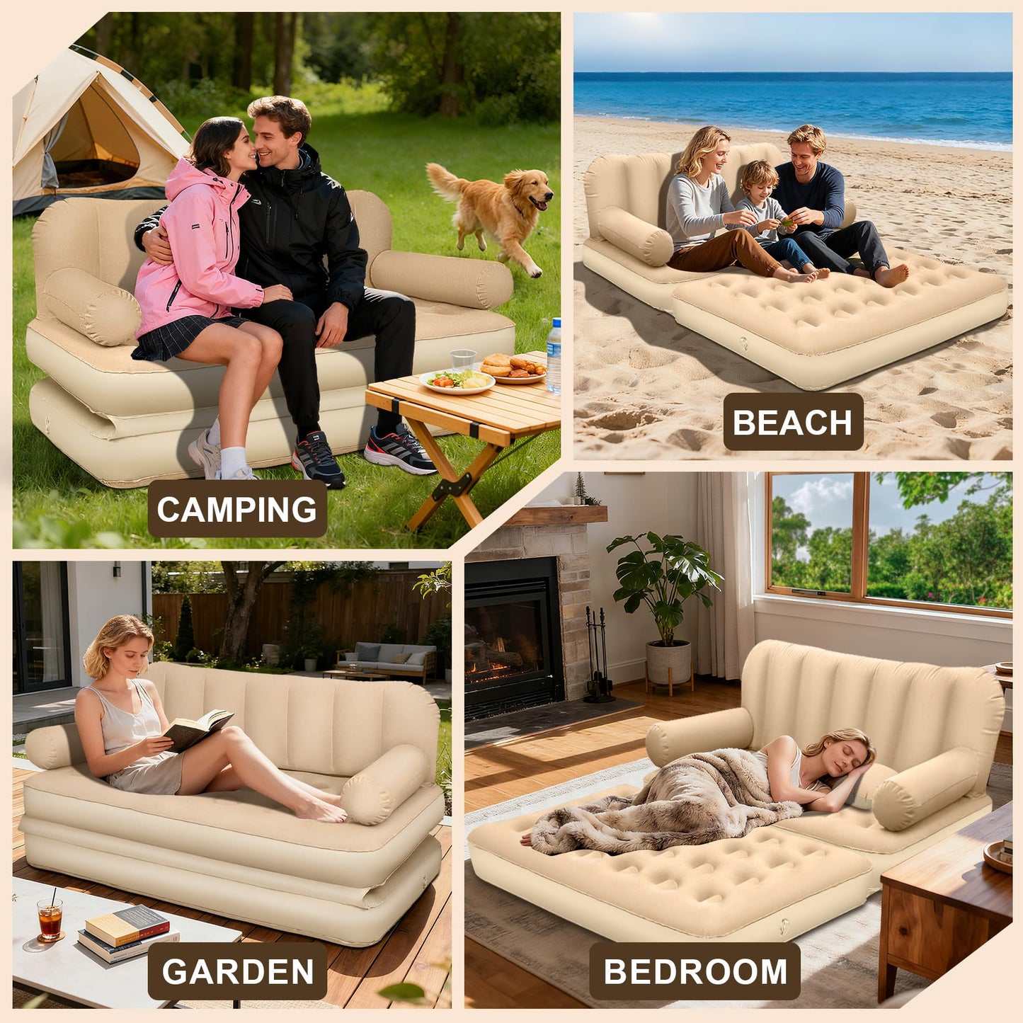 ChlorBlu Queen Size Air Sofa Bed Mattress with Headboard and Pump, Flocked Surface Blow Up Couch Inflatable Bed for Home,Folding Inflatable Couch for Camping, 2-in-1 Valve Inflatable Sofa 73"x61"x32''