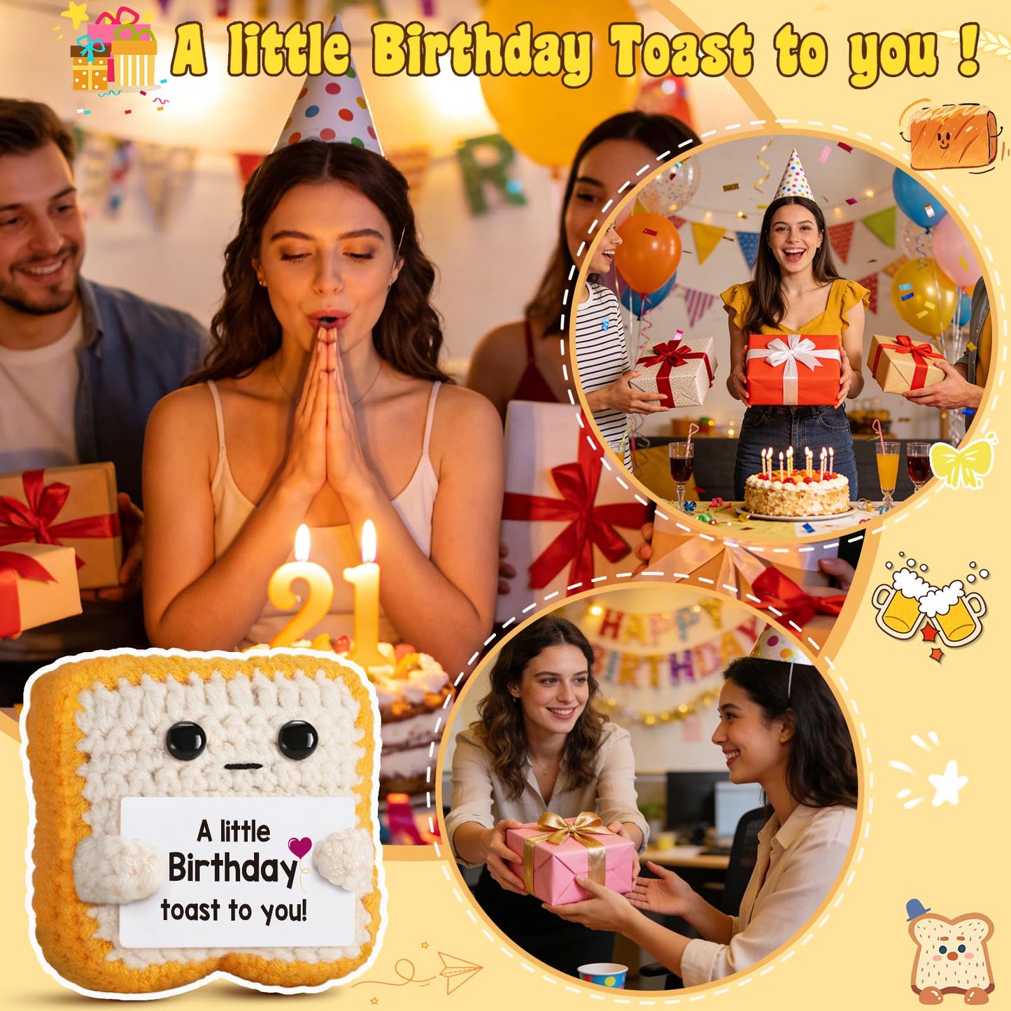 Ovrrcame A Little Birthday Toast to You - Funny Happy Birthday Gifts for Women, Men, Mom, Dad, Sister, Best Friend - Unique Birthday Decorations Crochet Toast Gift Card for Her/Him Ideas, Mothers Day