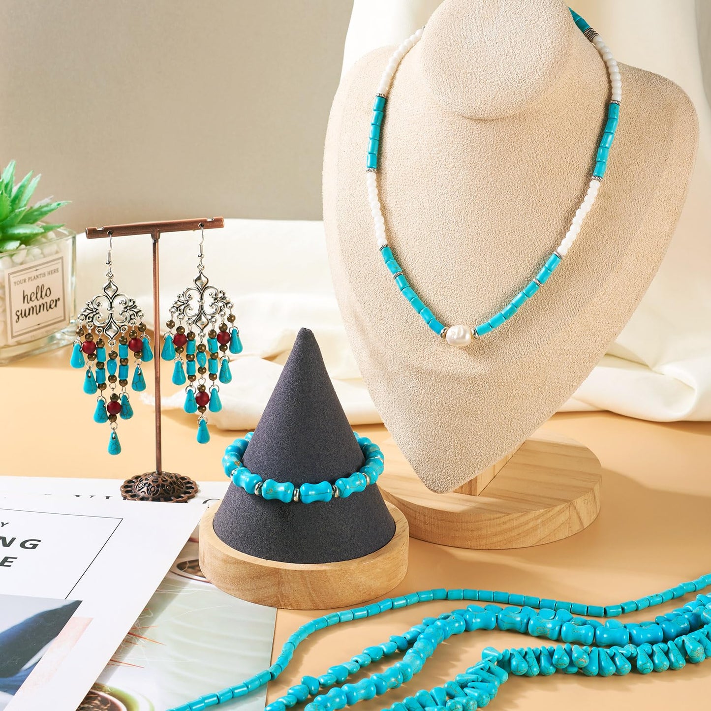 270Pcs Natural Stone Beads Turquoise Gemstone Beads Bone Teardrop Heart Column Turquoise Gemstone Loose Beads for Women Bohemian Earring Bracelet Necklace Jewelry Making