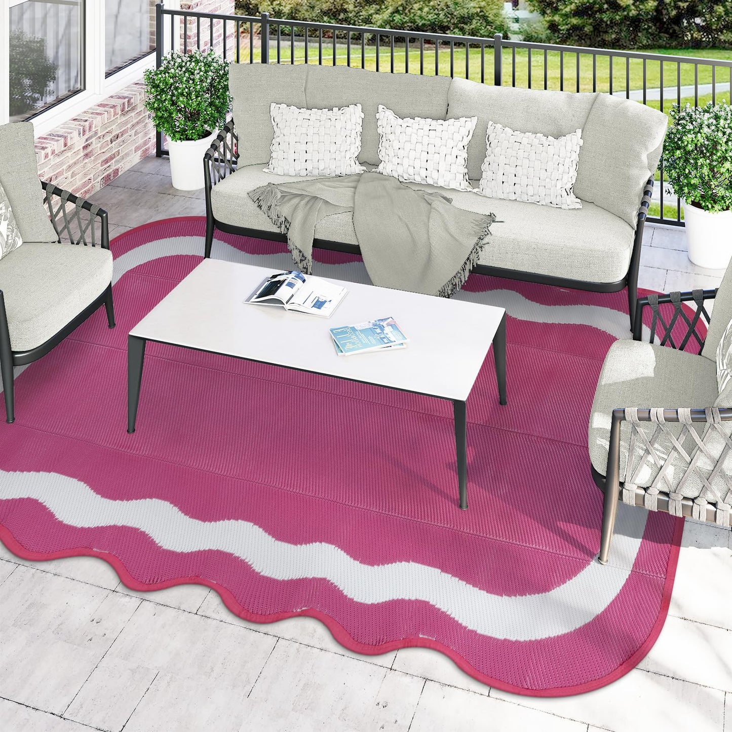 Uphome Outdoor Rug Waterproof 8x10, Large Reversible Pink Scalloped Patio Plastic Straw Rugs, Foldable Modern RV Camping Outside Carpet Mat for Pool Back Yard Deck Picnic, 8 x 10 ft