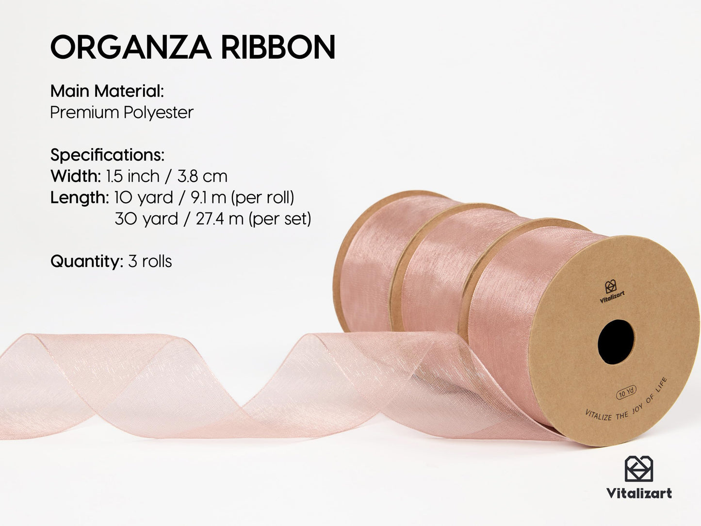 Vitalizart Pink Organza Ribbon 1.5" x 30 Yd Rose Gold Sheer Ribbons for Gift Wrapping Crafts Christmas Party Decor Bows Wedding Invitations Wreaths Bouquet