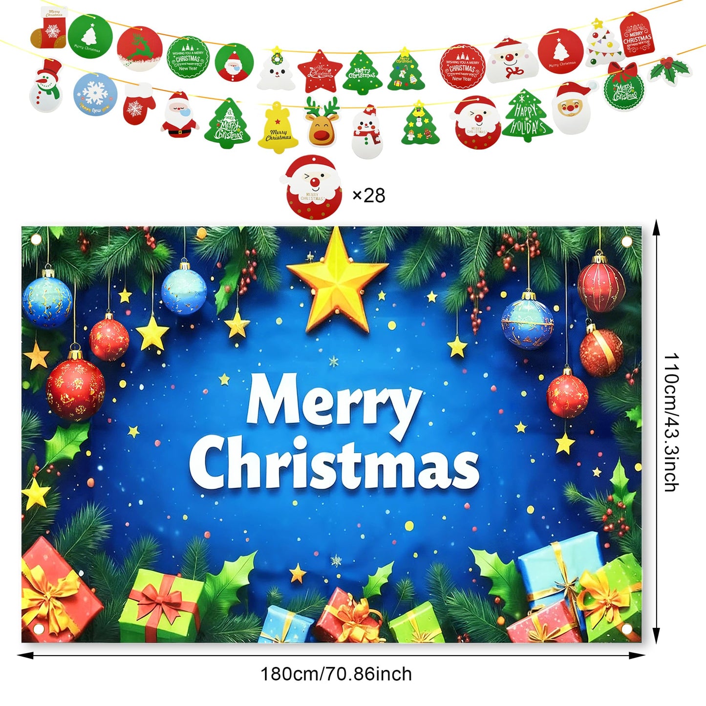 Christmas Party Decoration Set, Merry Christmas Banner with Red Green Swirls, Santa Claus Snowman Hanging Decor for Holiday Home Indoor Party (Christmas 3)