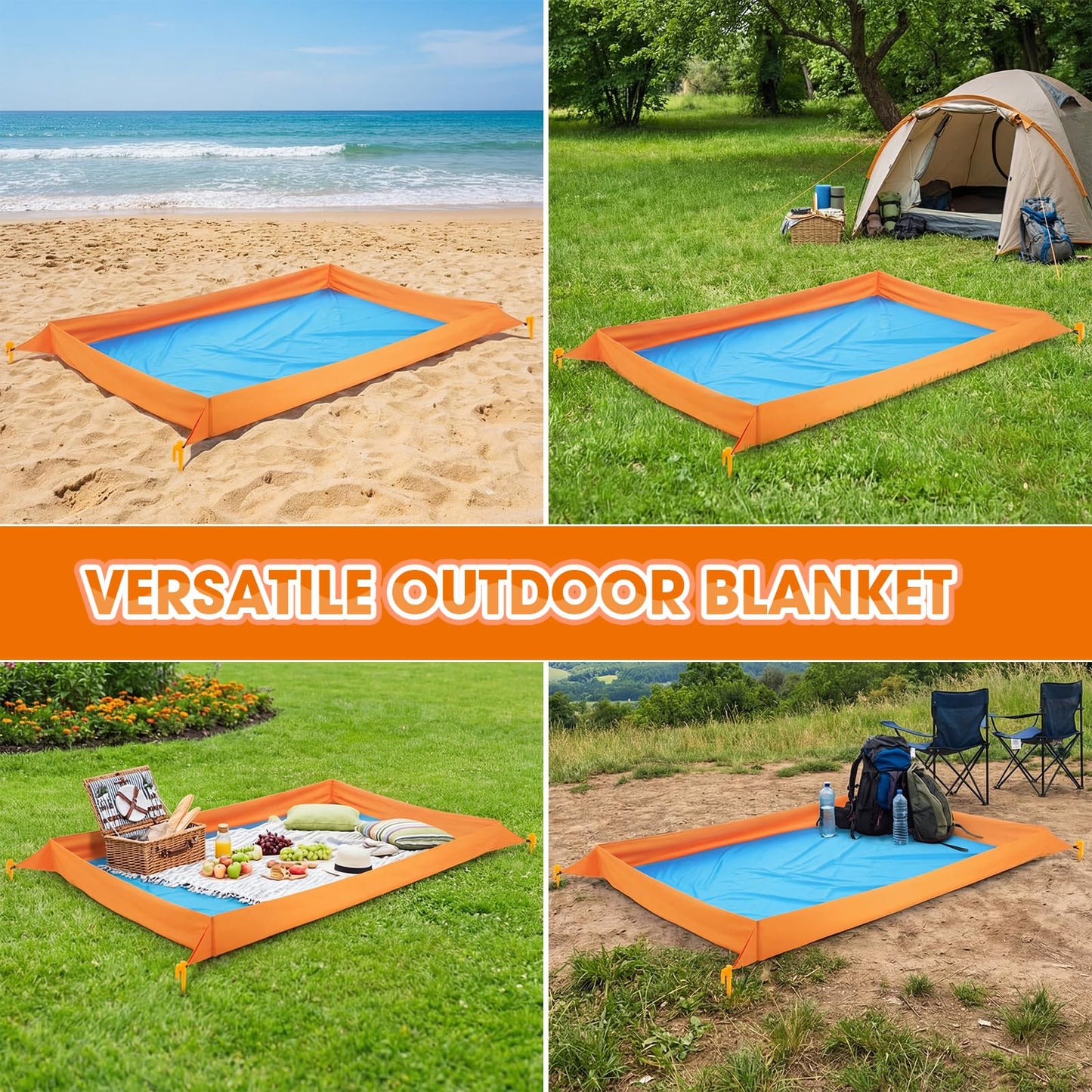 Qunclay Oversize Large Sandproof Beach Blanket 7.2 x 4.6 ft Outdoor Playpen Mat with 3.5" Tall Walls Waterproof Sand Free Picnic Sheet with Stakes & Storage Bag for Family, Beach Camping Essentials
