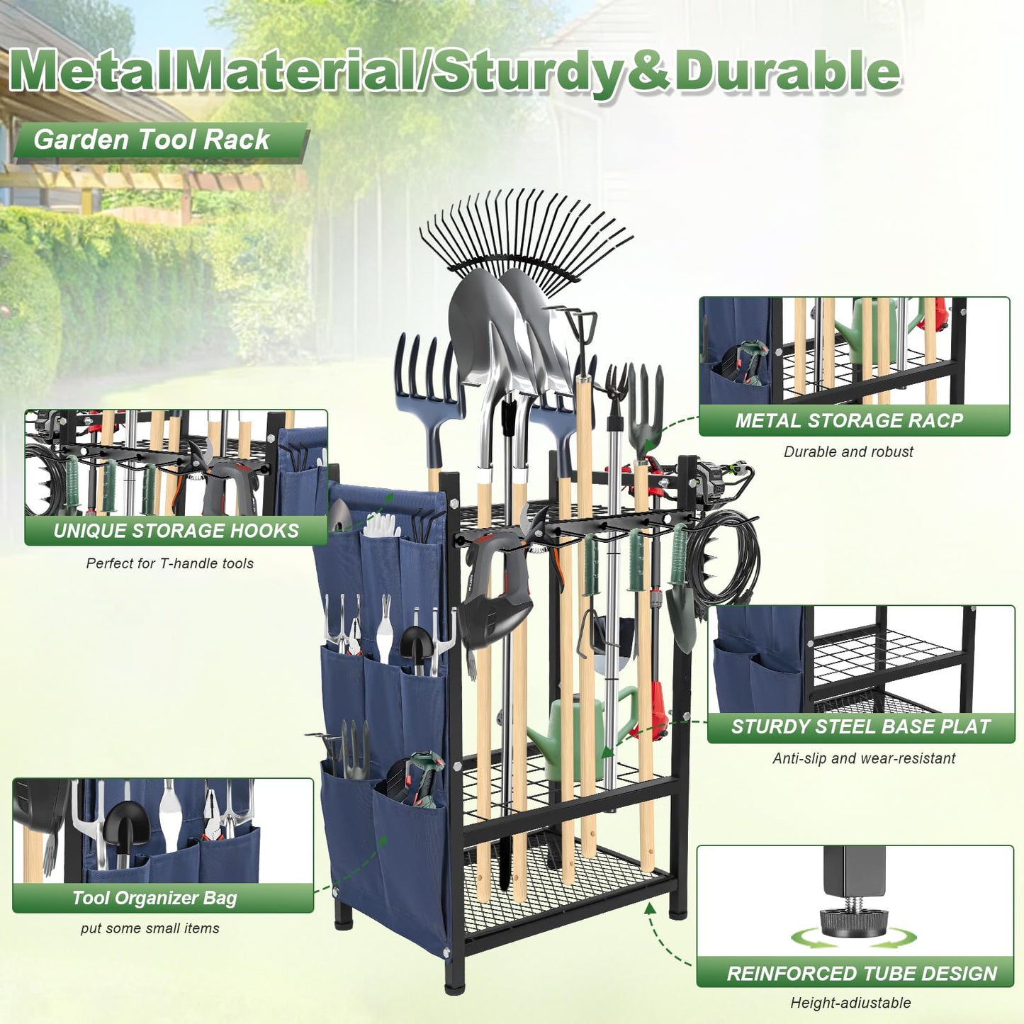 SAMRELAX Garden Tool Organizer, Garden Yard Tool Rack for Garage, Garage Organization and Storage, Metal Yard Tools Storage up to 46 Tools/Rake/Broom/shovel/, Suitable for Garage, Yard, Patio, Shed