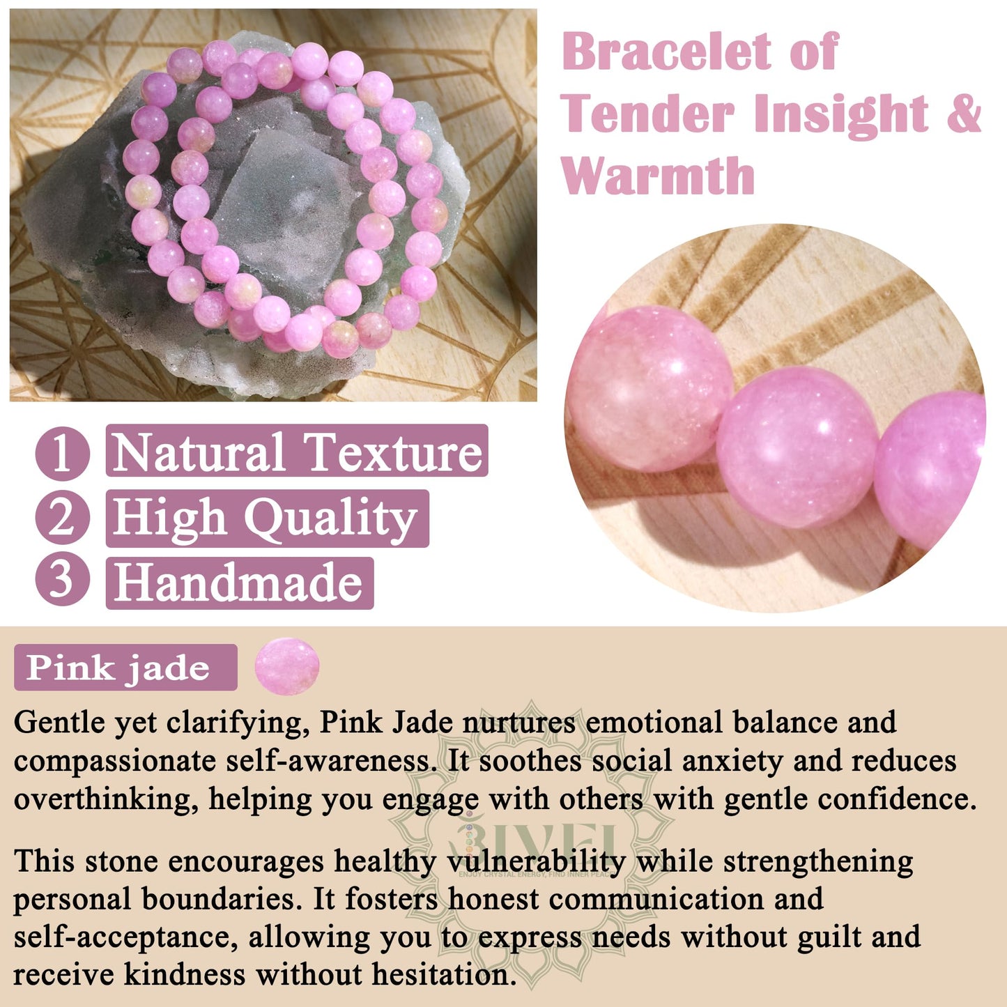 Bivei Natural Gemstone Semi Precious Healing Crystals Handmade Stretchy Round Beads Bracelet, Enhance Positive Energy,Stocking Stuffers for Women(Pink Jade (Warmth Love)(Large))