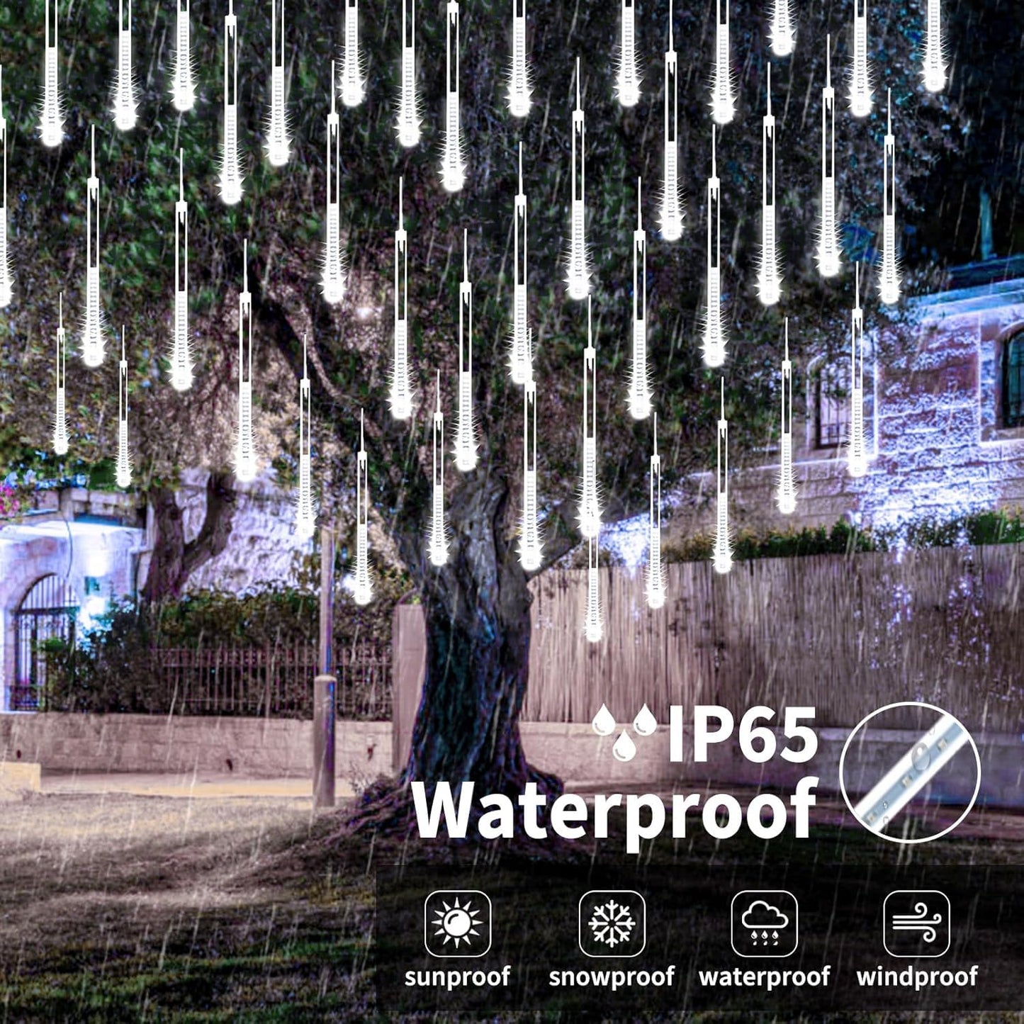 Solar Meteor Shower Lights, Solar Christmas Lights 16 Tubes 384 LEDs (Equivalent to 2 Sets of 8-Tube), Outdoor Waterproof Icicle String Light, LED Rain Drop Light for Tree Garden Decor (Cool White)