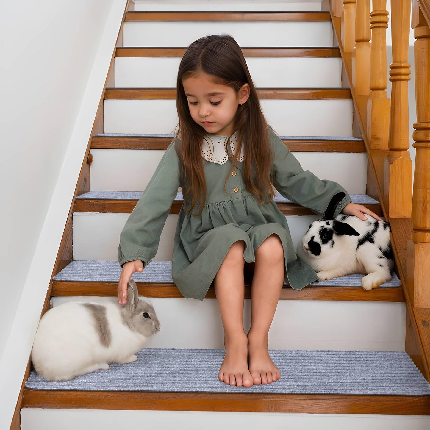 15 PCS Non Slip Stair Treads for Wooden Steps – 8"x30" Indoor Non Slip Stair Treads, Carpet Stair Mats with Self-Adhesive Backing, Removable & Machine Washable – Light Grey