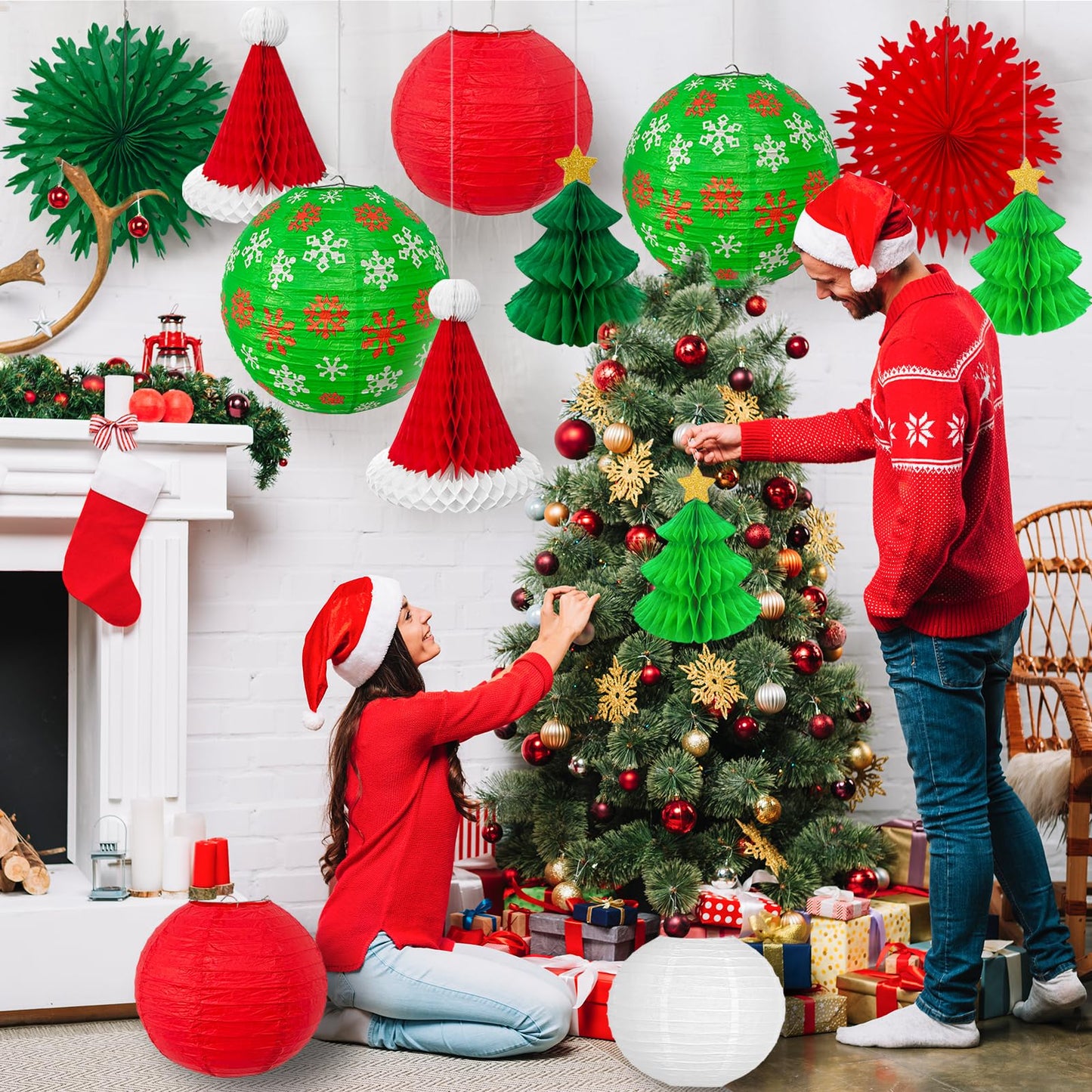 14PCS Christmas Honeycomb Hanging Paper Lantern Decorations Set, Pine Tree Star Christmas Hat Red Green White Snowflake Lanterns Paper Fans for Christmas Party Home Decoration Supplies