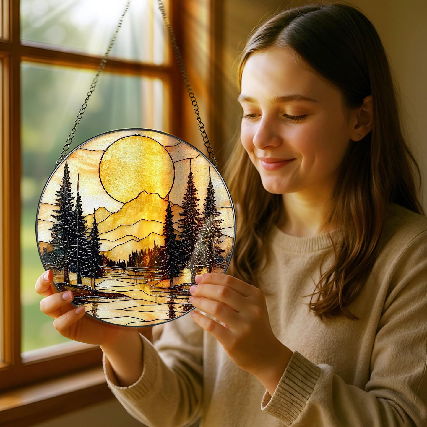 8-Inch Stained Glass Ornament, Stained Glass Window Hanging, Window Hanging Decor Suncatcher, Mountain Sunset Ornament | Holiday, Mother’s Day, Housewarming | Gifts for Nature Lovers, Friend & Family