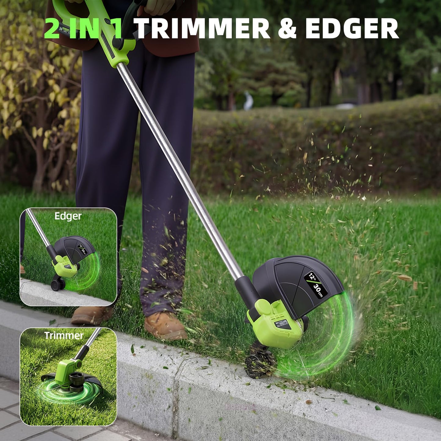21V Weed Wacker Cordless & Lawn Edger, 9000RPM Electric Weed Eater with 2x2.0Ah Battery, 12" Auto Line Feed String Trimmer with 8 Pcs Spools, Lightweight Edger Lawn Tool for Yard, Green