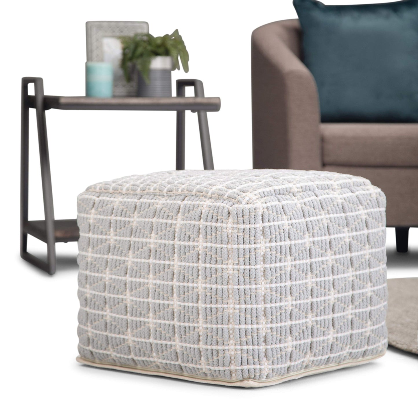 SIMPLIHOME Noreen Square Pouf - 18 inch Wide Upholstered Handwoven Cotton Ottoman in Light Blue and White, Boho Footstool or Extra Seating for Living Room with Polystyrene Filling, Assembled