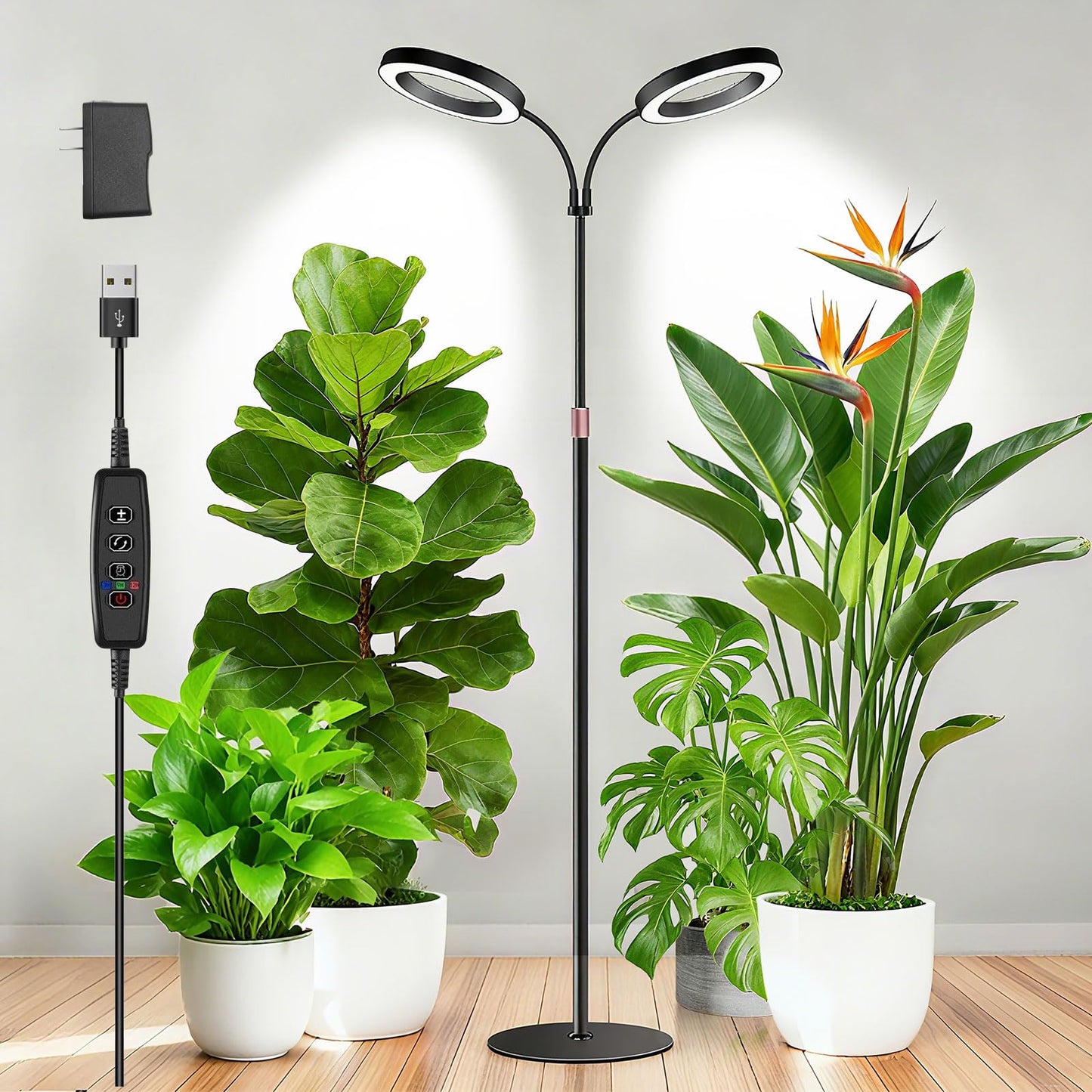 Dual-Head Grow Lights for Indoor Plants, Full Spectrum Plant Lights with 23.5-67" Adjustable Height Stand, 3 Growing Modes with Timer 3/9/12H, Dimmable Halo Grow Lights for Large Tall Plants