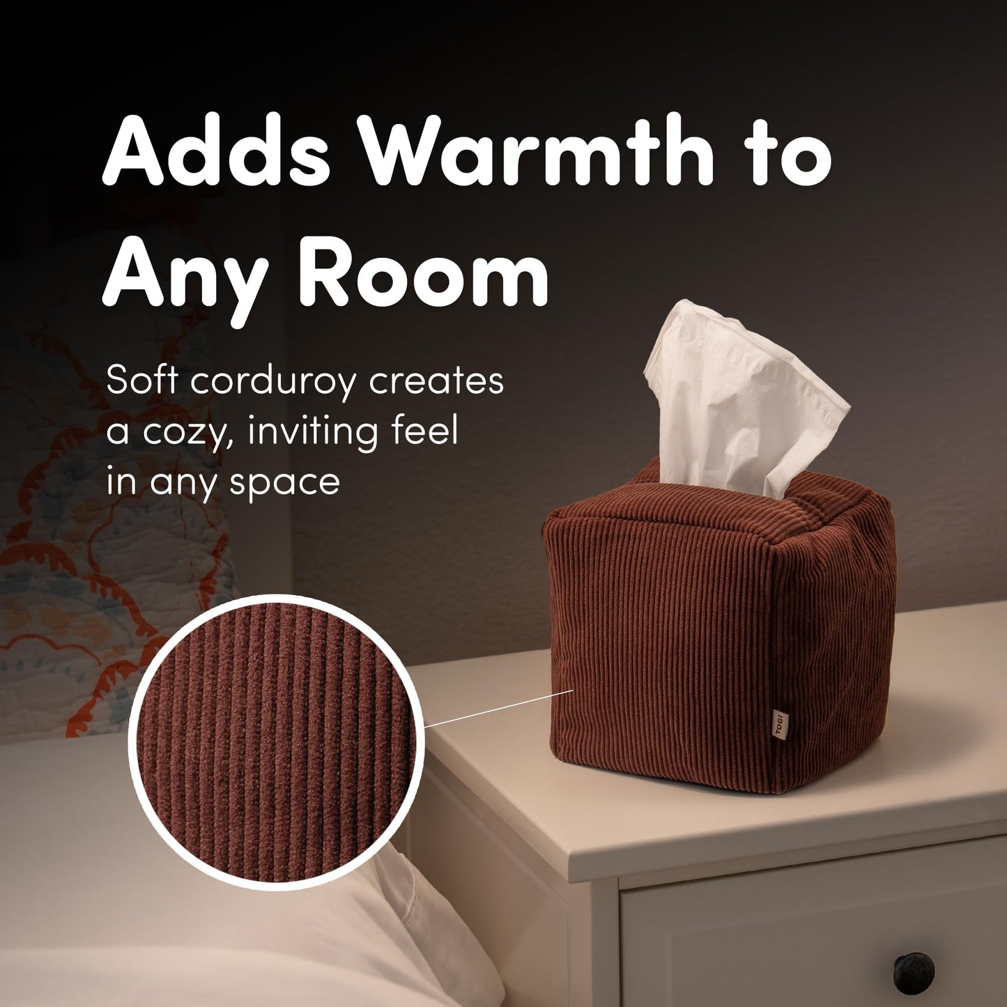TOGI Corduroy Tissue Box Cover - Soft & Puffy Cube Design Adds a Warm, Cozy Touch - Soft Tissue Box Cover Square Fits Standard Square Boxes from Everyday Brands - Cozy Home & Office Decor (Brown)