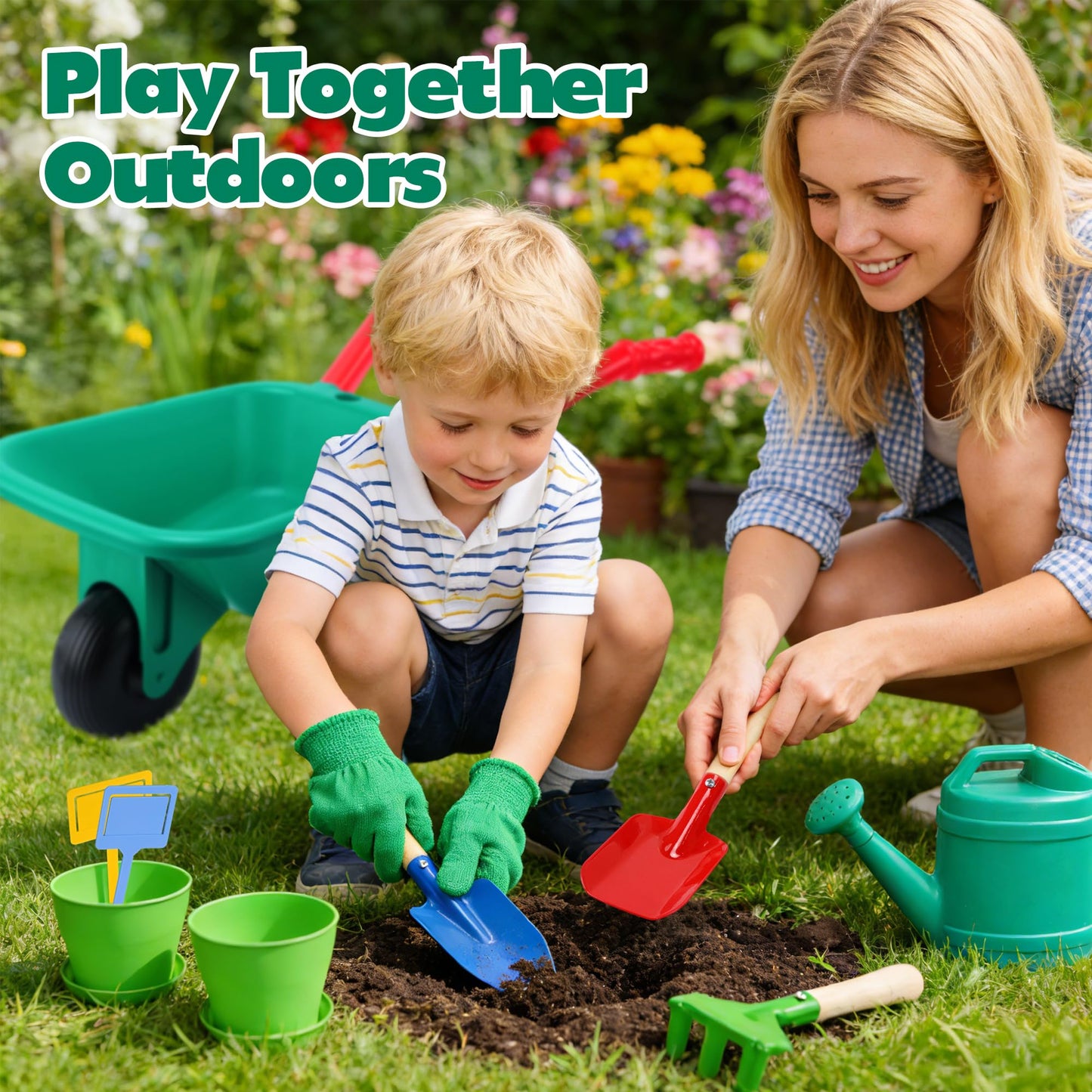 CUTE STONE Kids Gardening Set with Toy Wheelbarrow, Indoor & Outdoor Yard Play, Kids Garden Tools & Toddler Gardening Kit with Gloves, Pots & Watering Can, Educational Garden Toys for Boys & Girls
