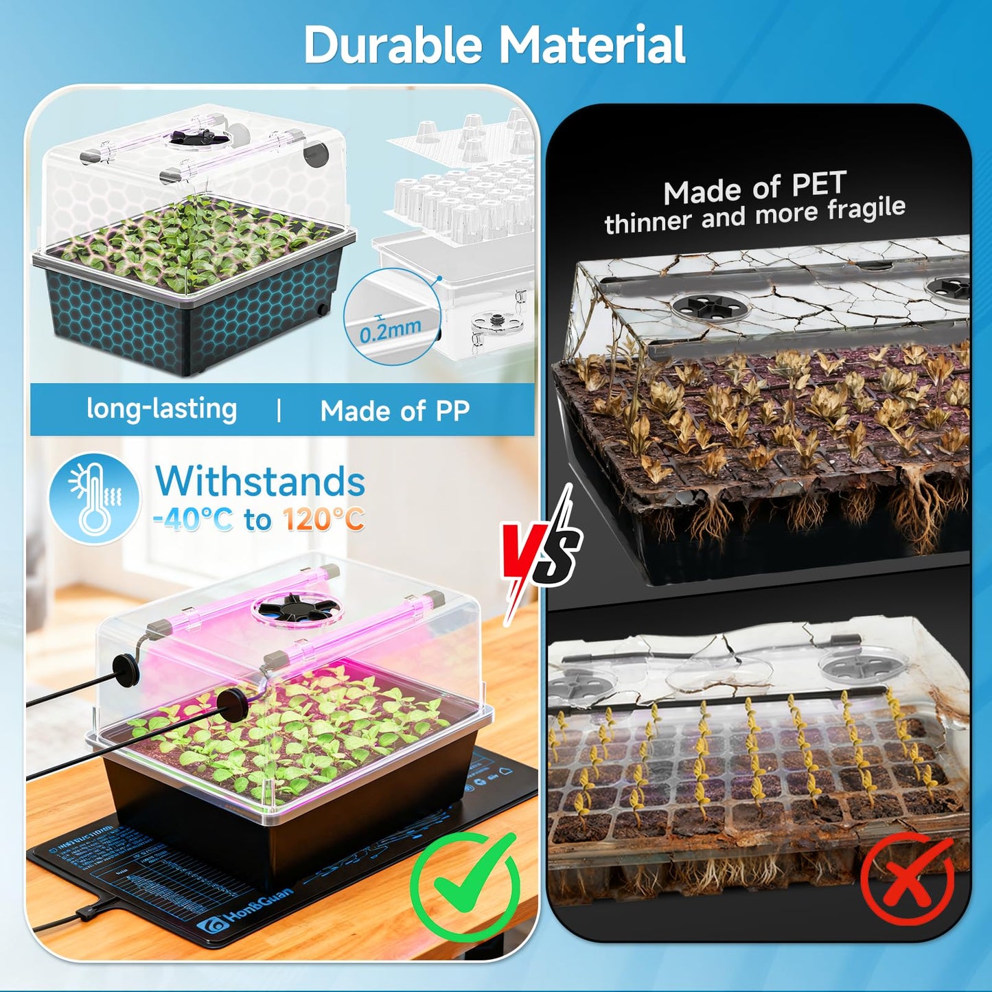 Hon&Guan 2 Pack Seed Starting Kit - 30 Cell Seed Starter Tray with Higher 5.3” Humidity Dome, LED Growing Lights and 10"x20.75" Seedling Heat Mat, Adjustable Vents - Germination & Plant Propagation