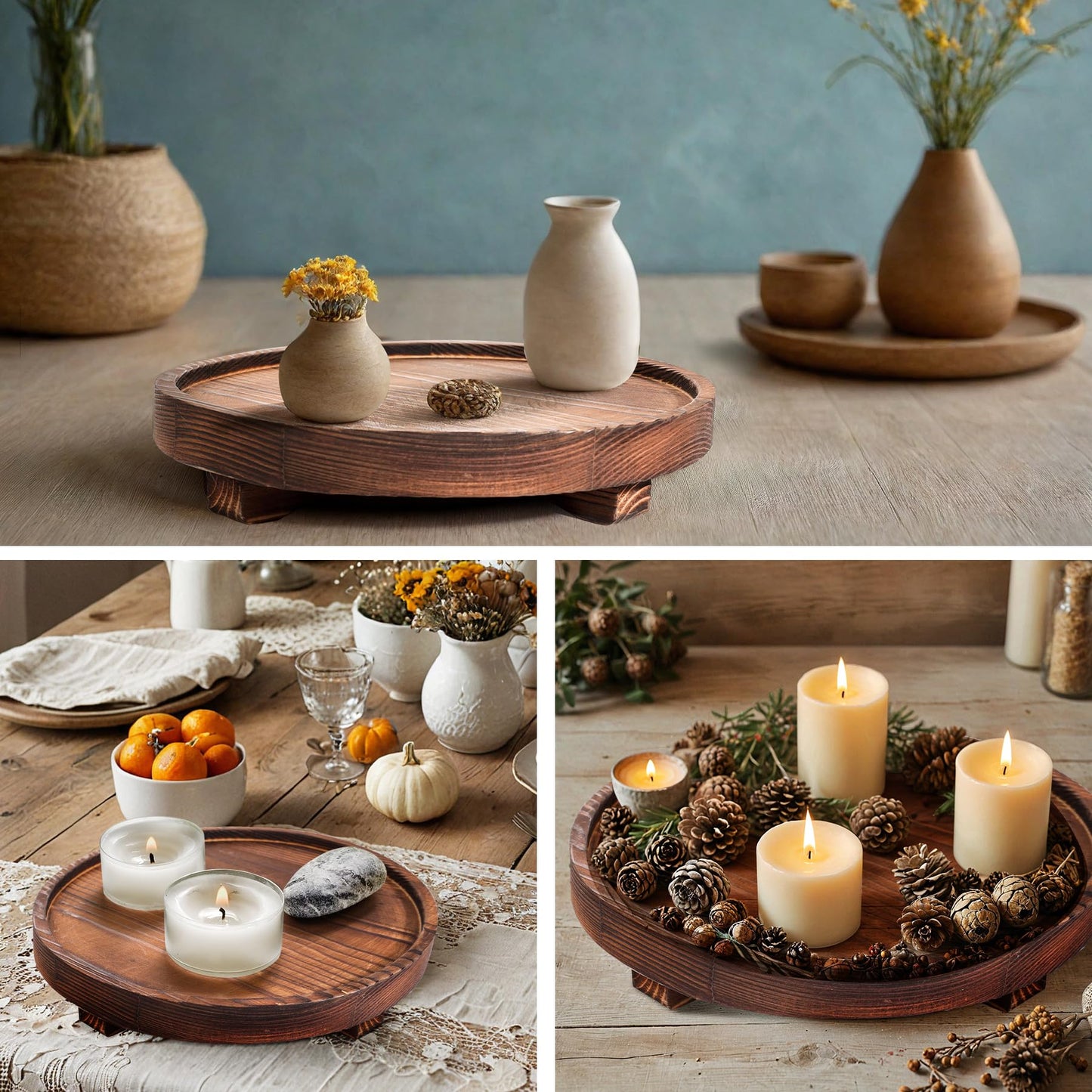 DEBETOOL Round Wooden Decorative Tray - Rustic Wood Soap Tray for Kitchen and Bathroom Counter Organizer, Farmhouse Kitchen Decor Wooden Riser for Soap Dish, Perfume, Candle, Potted