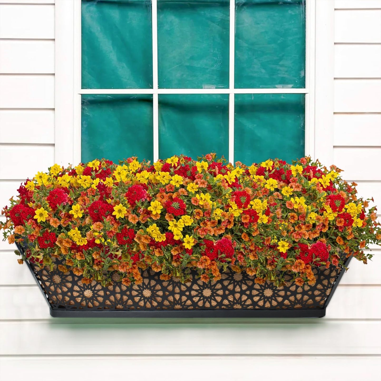 Halatool 24 Inch Window Boxes Planters, 2 Pack Sturdy Metal Deck Flower Railing Planter Box with Coco Liners for Indoor Outdoor Decor, Adjustable Rail Planter for Window Fence Porch Balcony Patio Lawn