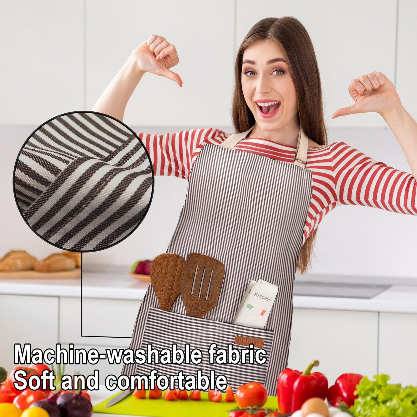 BeLuyi Adjustable Bib Apron with 2 Pockets Chef Cooking Kitchen Restaurant Aprons for Women Men (Brown Stripe)