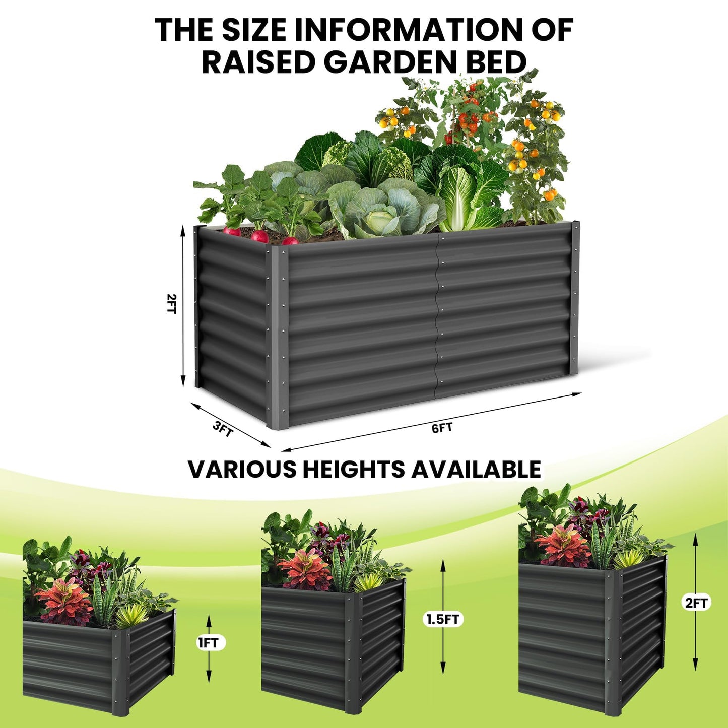 GarveeHome 6 * 3 * 2FT Raised Garden Bed Kit, Galvanized Raised Garden Beds Outdoor for Gardening, Above Planter Boxes, Large Garden Bed for Vegetables, Fruits, Dark Grey, 2 Pcs