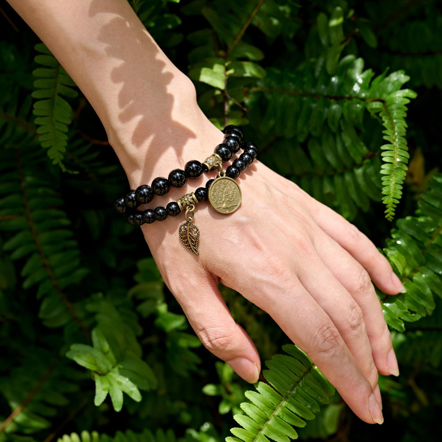 Bivei Natural Semi Precious Gemstone Beads Bracelet for Women - Life Tree and Leaf Charm Chakra Energy Anxiety Stretch Bracelets(Black Obsidian Bracelet Set)