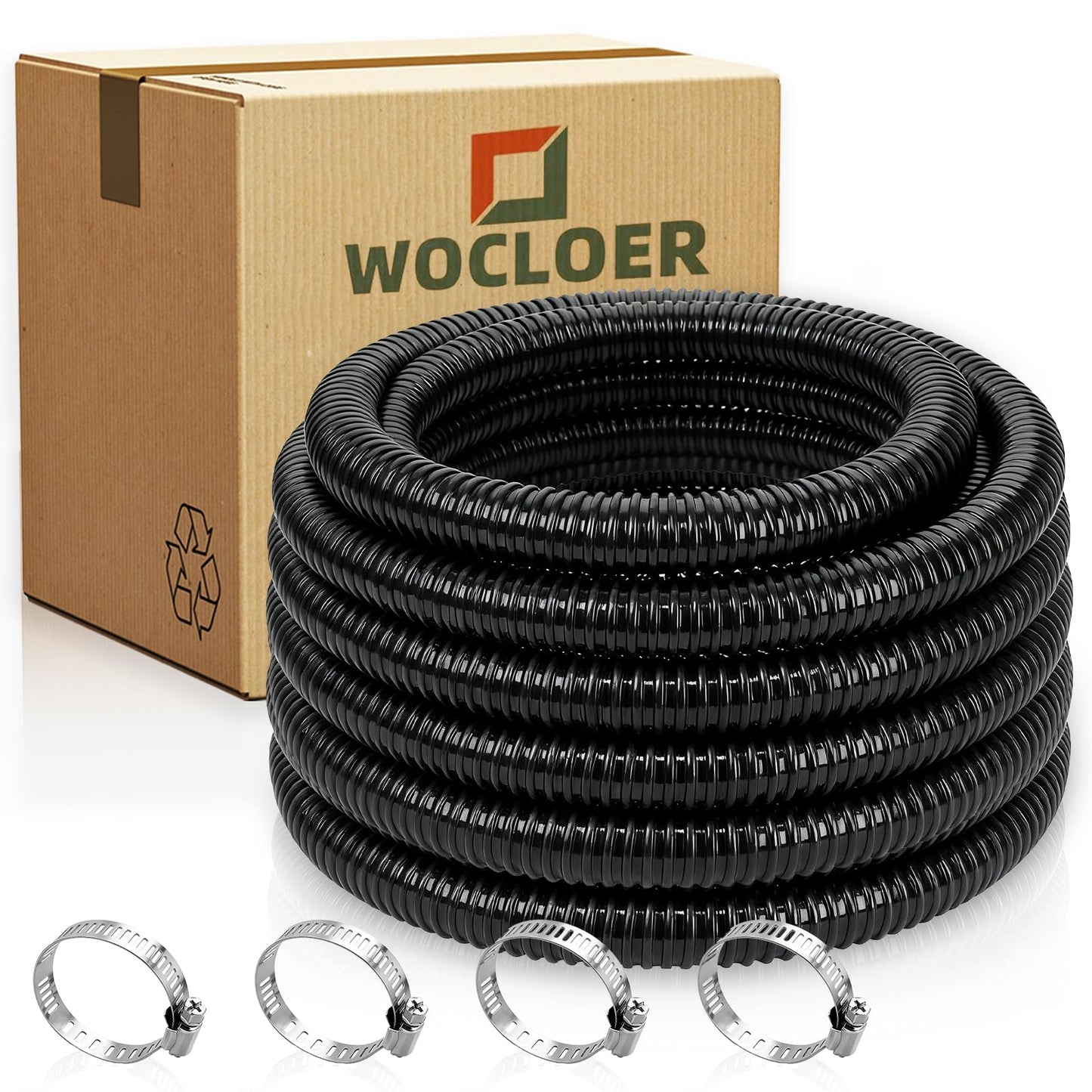 Wocloer Pond Tubing 1” × 10 Feet Black Flexible PVC Pond Hose,Garden Pond PVC Tube - Reinforced, Kink-Resistant Tubing for Pumps, Fountains & Waterfalls, with 4 Clamps,1" Dia
