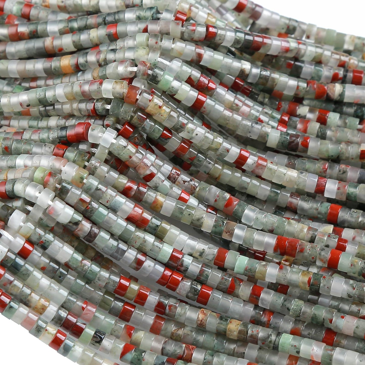 150pcs 2x4mm Natural African Bloodstone Tube Shape Beads Loose Flat Round Cylinder Flat Spacer Green Stone Beads for Bracelet Earrings Jewelry Making