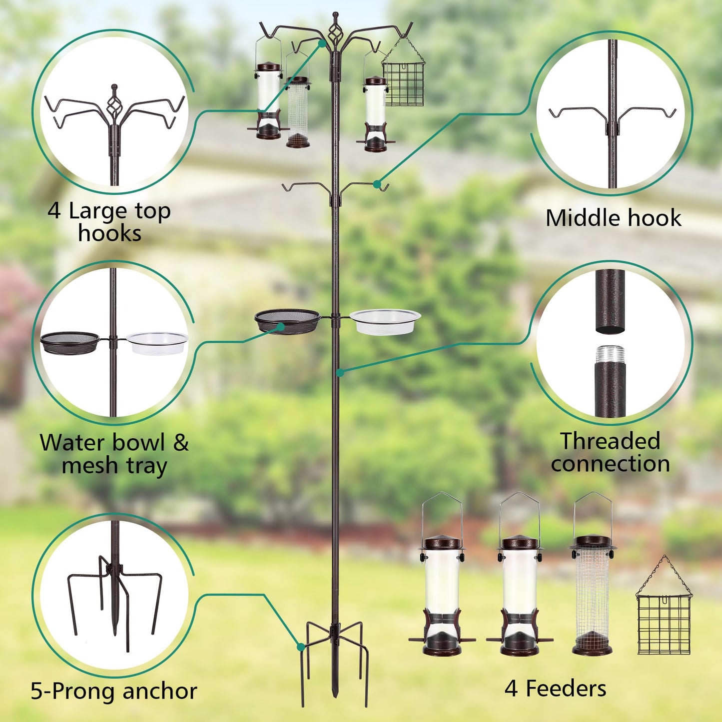 YINGYM Bird Feeding Station Kit, 94 Inch Bird Feeder Pole Stand for Outdoors Hanging with 4 Feeders, Metal Suet and Bath Tray for Wild Birds Watching