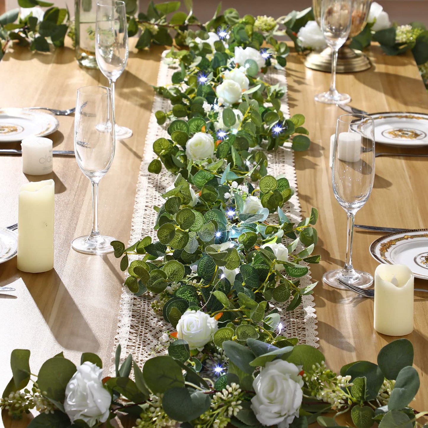 2 Pieces 6.5 ft Eucalyptus Garland with 20 LED Light Bar and Rose Flowers Artificial Eucalyptus Flower Vines for Wedding Arch Party Tables Centerpiece Backdrop Party Decor