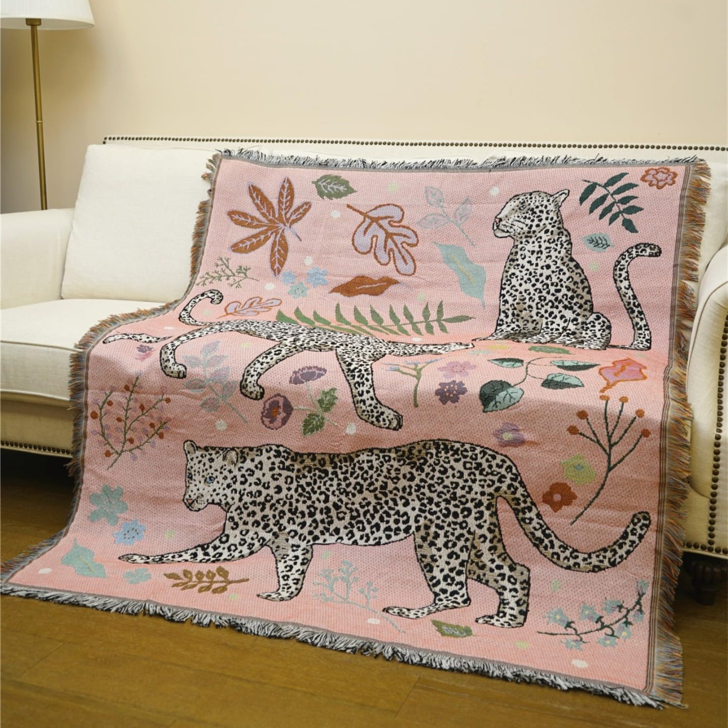 JQZ Bohemian Throw Blanket, Woven Cotton with Fringe, for Sofa, Bed, Picnic, Outdoor Camping (Snow Leopard)