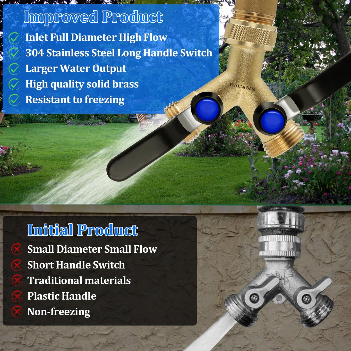 Brass Hose Splitter 2 Way Heavy Duty, Garden Hose Splitter with 304 Stainless Steel Long Handle, Brass water hose splitter 2 Way Y Valve 3/4" GHT Thread