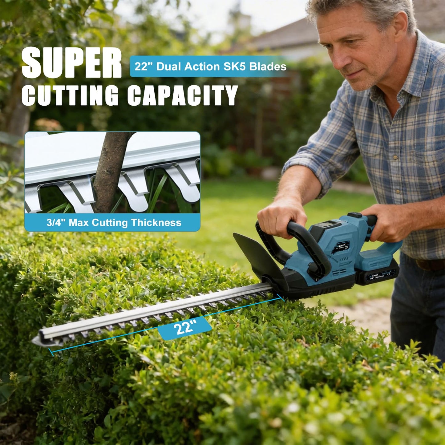 22'' Hedge Trimmer Cordless, Electric Handheld Bush Clipper with 180° Rotatable Handle, LCD Display, Brushless Motor, Battery Powered Bush Trimmer for Yard, Garden, 2 * 2.0 Batteries & Charger, Blue