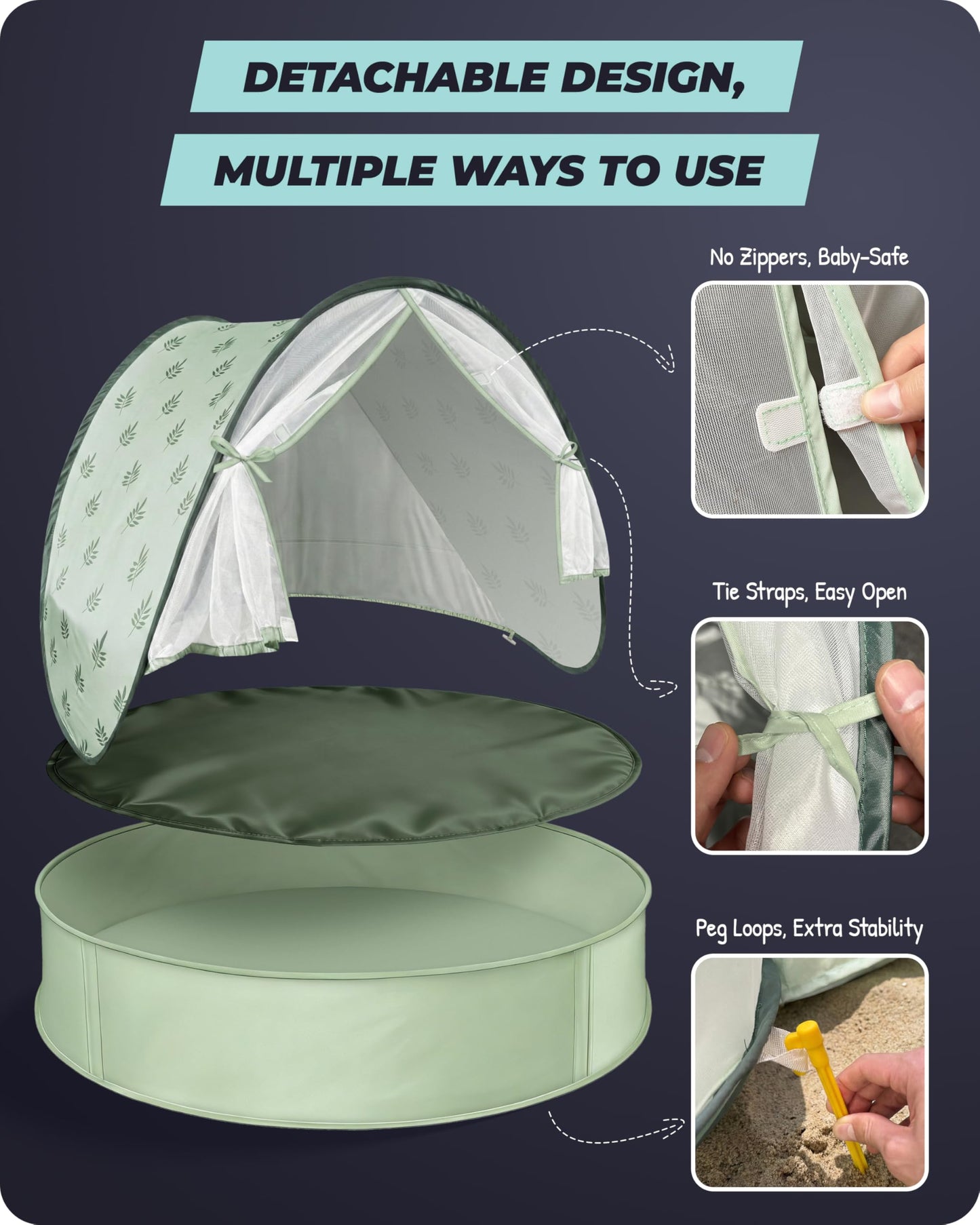 Baby Beach Tent with Pool, 3-in-1 Upgrade Pop Up UPF 50+ Sun Protection Shelter with Mosquito Net Babies Toddlers Portable Outdoor Summer Essentials for Beach, Backyard, Indoor- Green Leaves