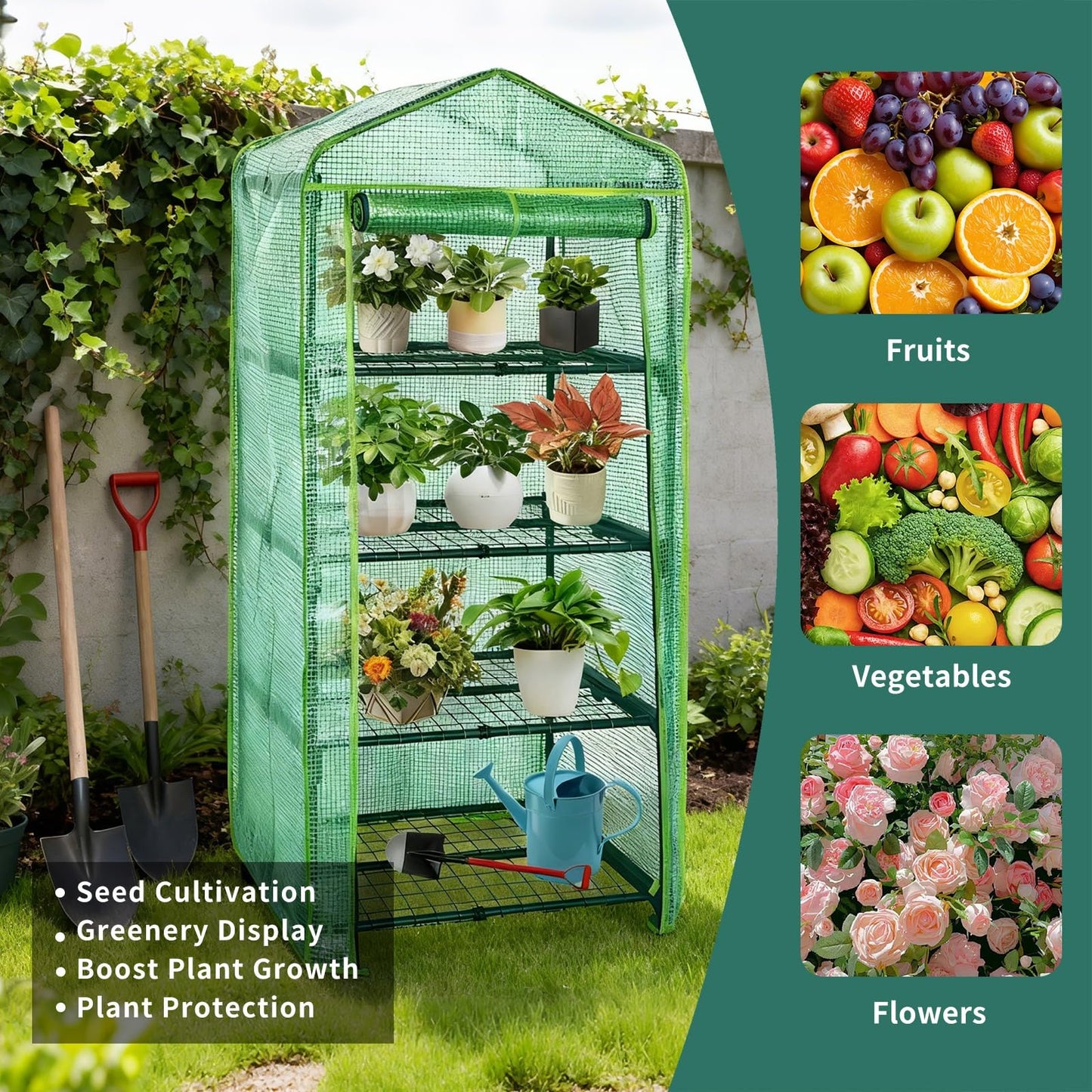 GreenGiggle 4 Tier Mini Indoor Greenhouse,27"x19"x62" Greenhouse for Indoors&greenhouses for Outdoors with PE Cover and Roll-Up Zipper Door