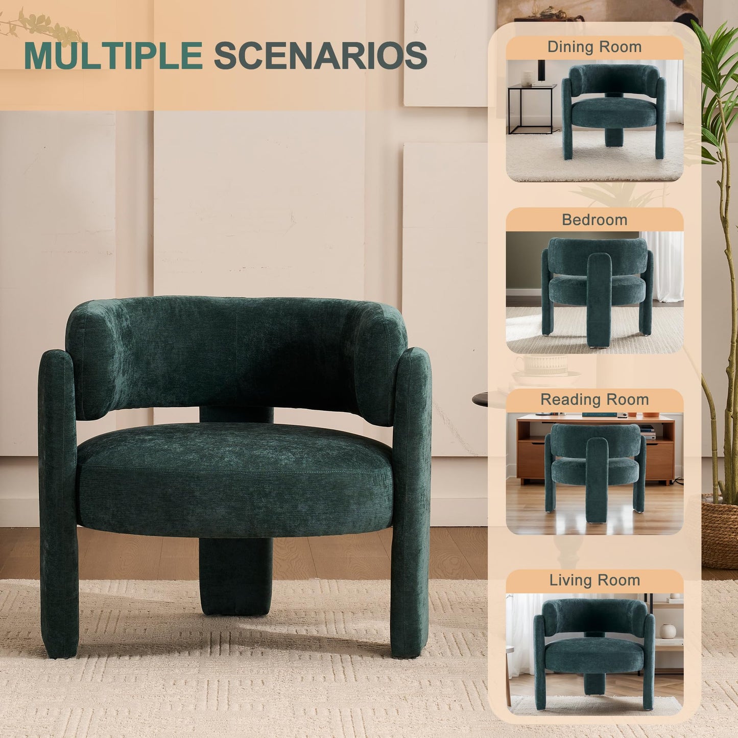 ENYLAY Modern Accent Barrel Chair,Mid Century Single Armchair with Curved Backrest Upholstered Side Reading Chair with 3 Legs Comfy Sherpa Chair for Bedroom Home Office Living Room (Green, Set of 1)