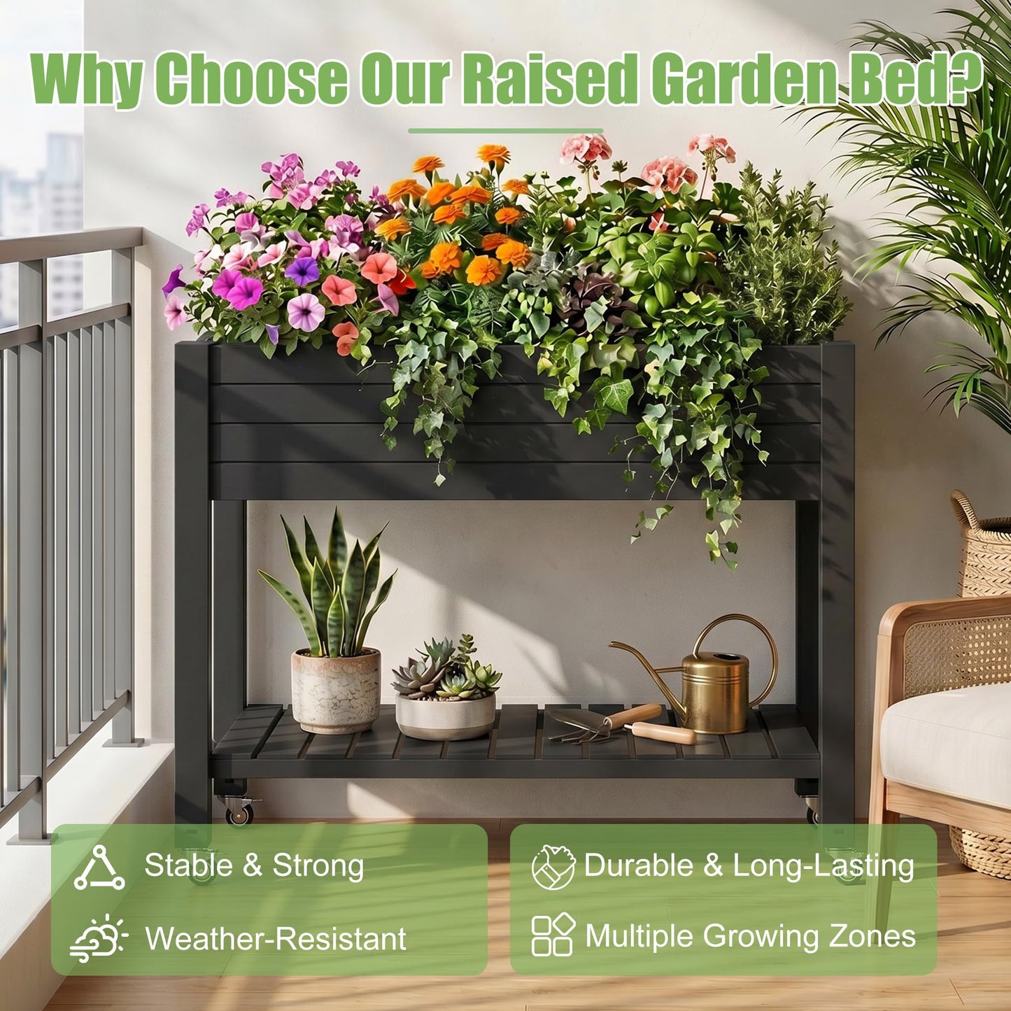 EFU Raised Garden Beds Outdoor, with Wheels for Mobility, Extra Storage Shelf, Water Level Monitoring, 21 Gallon Planter Raised Beds for Vegetables, Herbs, Fruits, Backyard, Patio, Balcony (Black)