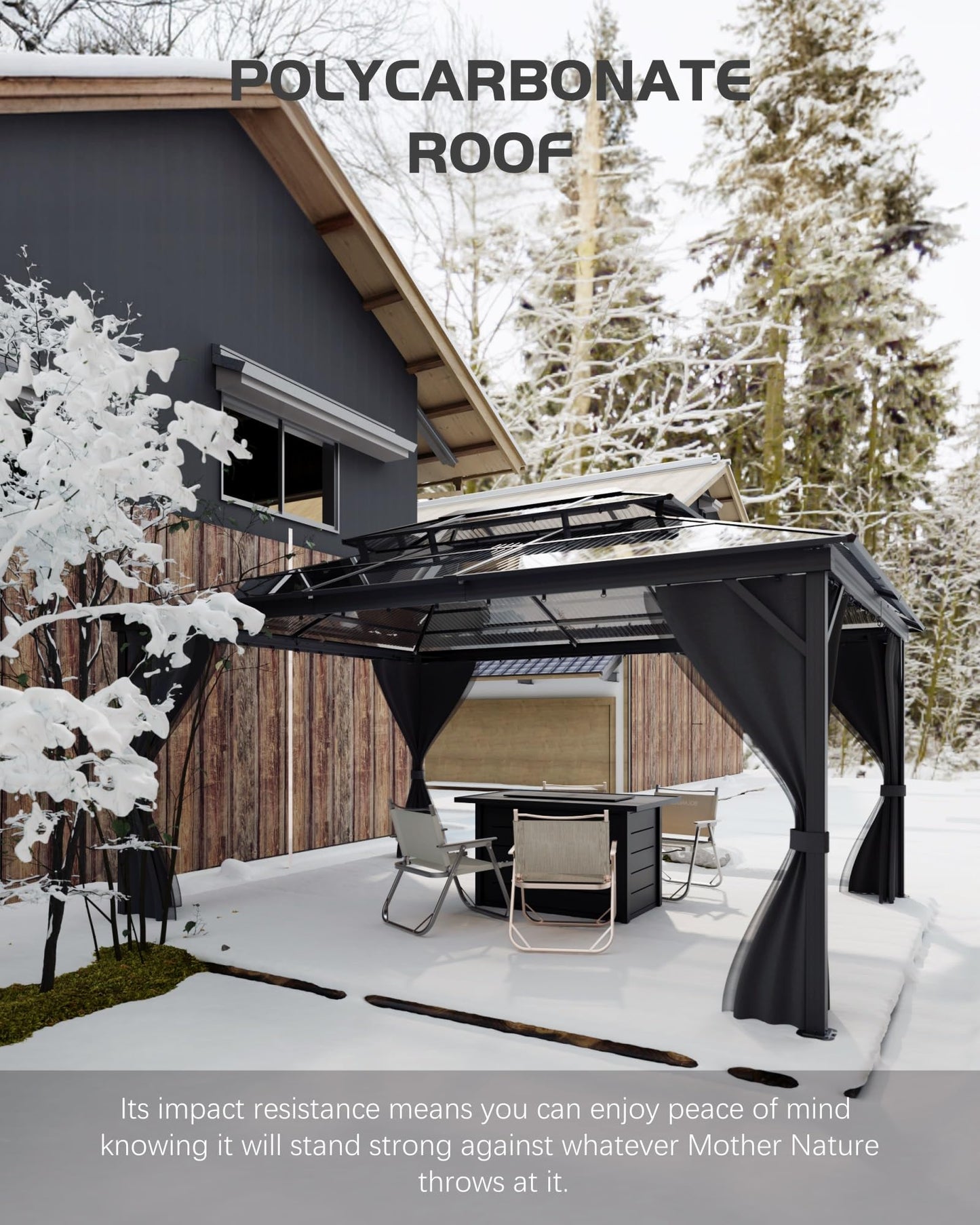 10' x 13' Hardtop Gazebo with Polycarbonate Double Roof, Aluminum Frame Permanent Pavilion with Curtains and Netting, Outdoor Gazebo for Patio Backyard（Gray）