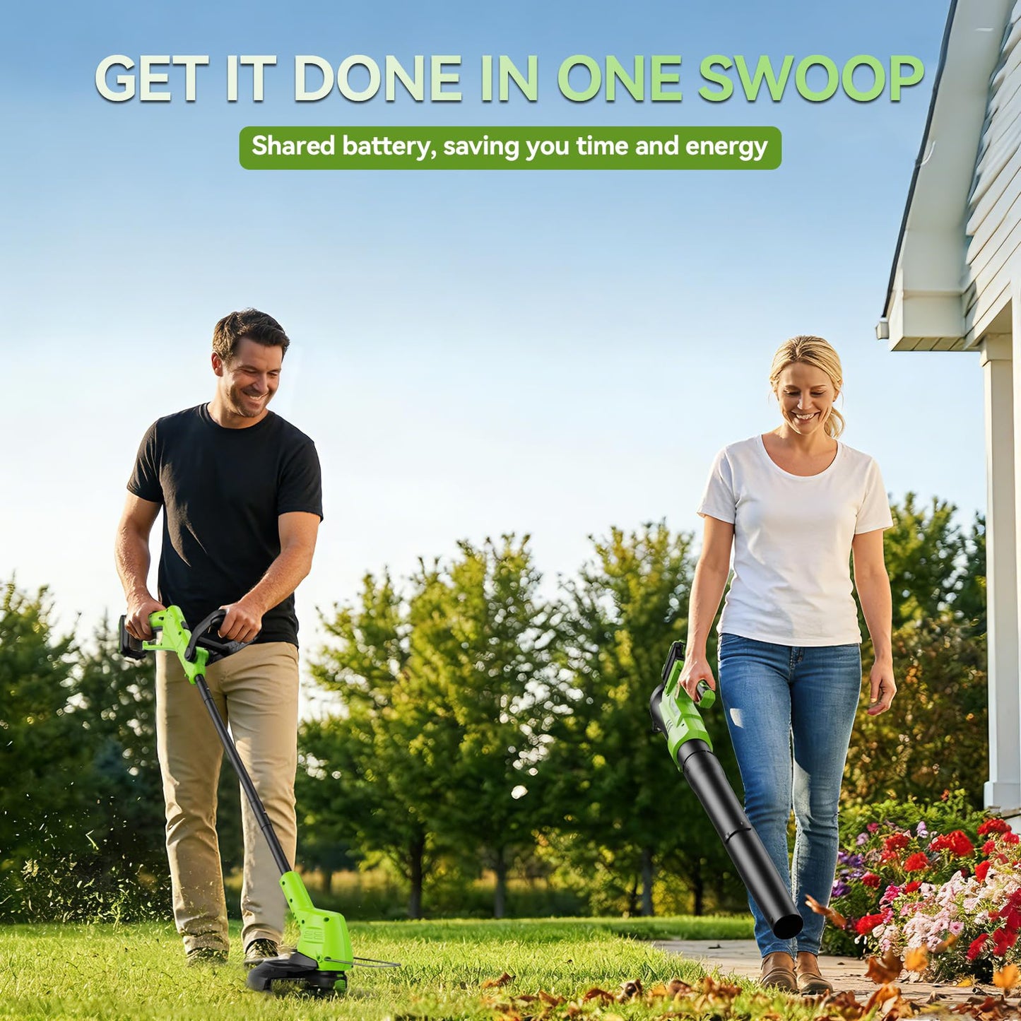 GOODJOB 20V 12" Cordless String Trimmer & 650CFM Leaf Blower Combo with 2X Batteries - Ultra-Light 3.5lbs Auto-Feed Weed Eater for Lawn Care